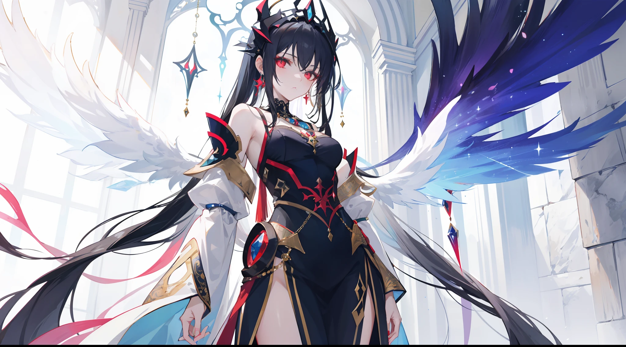 best quality, masterpiece, ultra-detailed, beautiful, highres, original, absurdres,  senti,
1girl, solo, long_hair, looking_at_viewer, smile, bangs, black_hair, hair_ornament, red_eyes, hair_between_eyes,  chinese_clothes, uneven_sleeves, :d, standing, simple background, white background, gloves, asymmetrical_sleeves, fingerless gloves, short hair, wings, chains