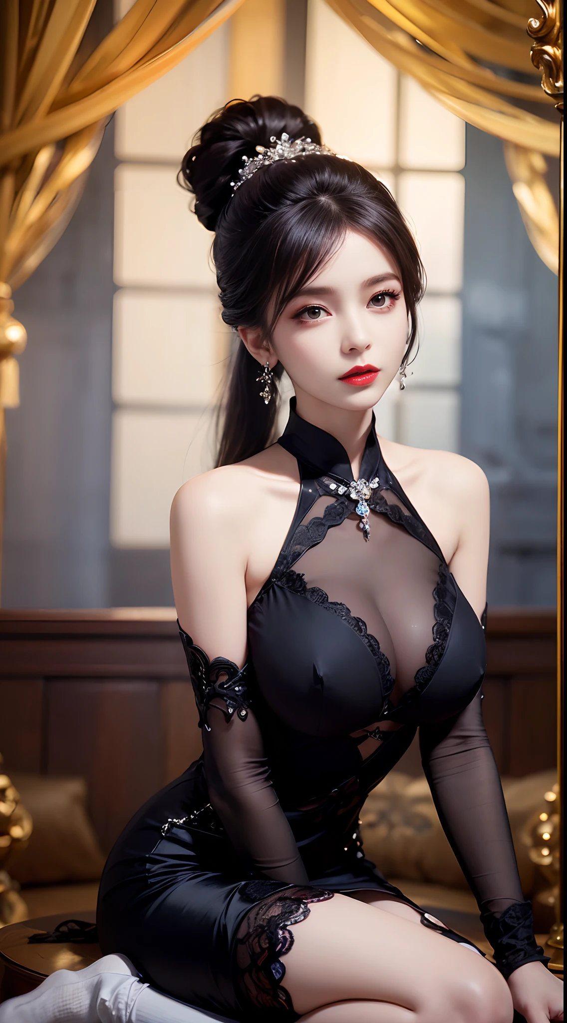 8K Ultra HD, Masterpiece, Best quality, A beautiful girl, Long hair, Impressive hairstyle, Royal hair accessories, Nice and cute face, Flawless face, jewelry earrings, Antique jewelry, details eyes, Beautiful eyes, meticulous makeup, Thin eyebrows, Beautiful red lips, huge tit, Black mesh socks, Thin black silk shirt，With many black patterns, Black lace shirt, Long bangs and long platinum black ponytail, Realistic colors, Magic effects, ancient hanfu background, head straight-looking at viewer, Sitting, Full body capture,