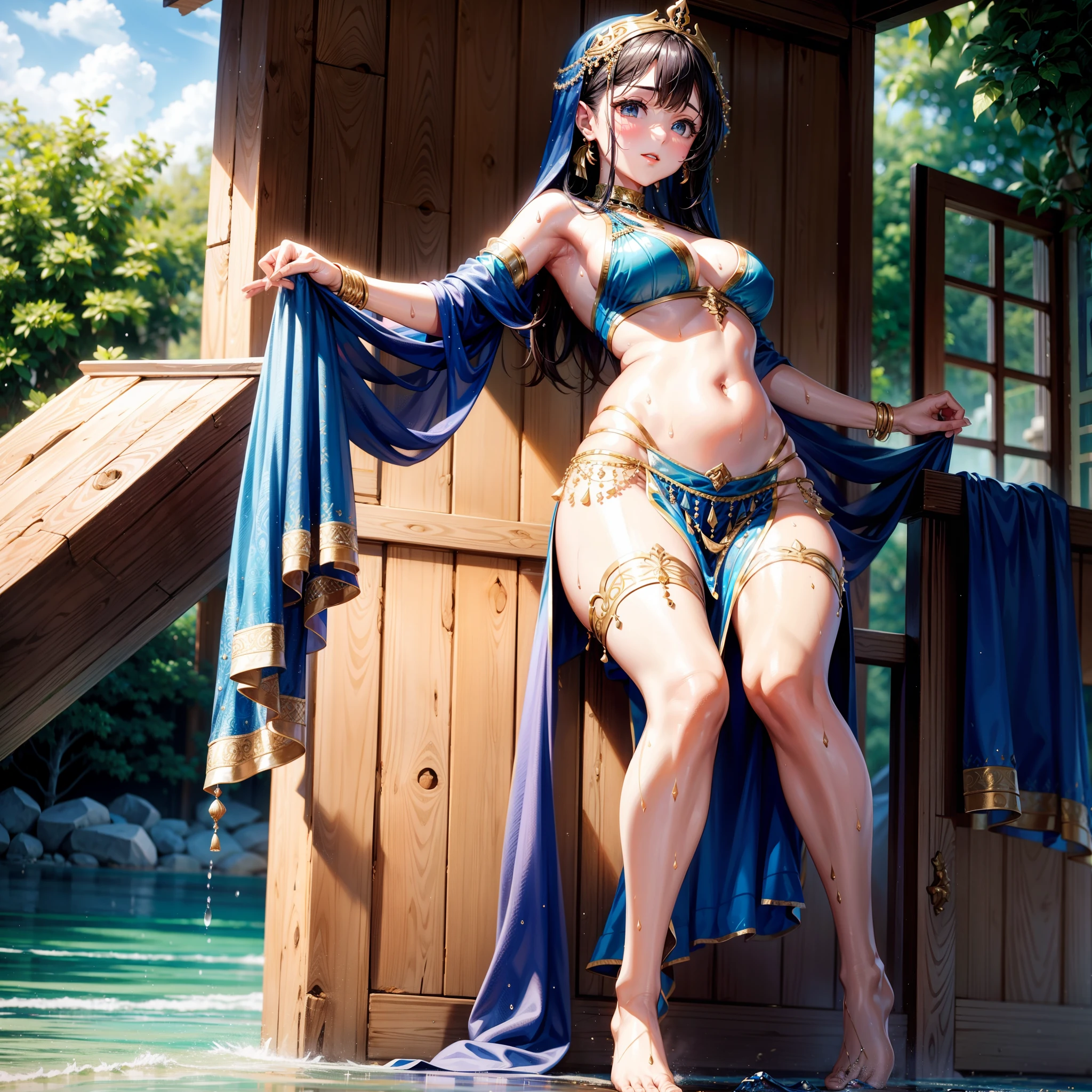 1girll,Belly dance costumes,Get wet,Covered in sweat,leg loops,Barefoot