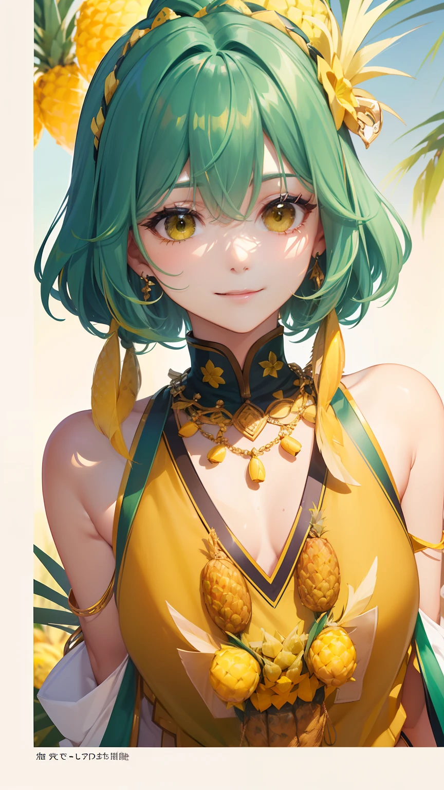 (Extra detailed body、More detailed face、best qualityer:1.2)、femele、looking at viewert、(Gradient hair color: Yellow and yellow-green、A smile、14years、Perforation of bird feathers to shoulders、a necklace、coloring)、(There are a lot of pineapples in the background)