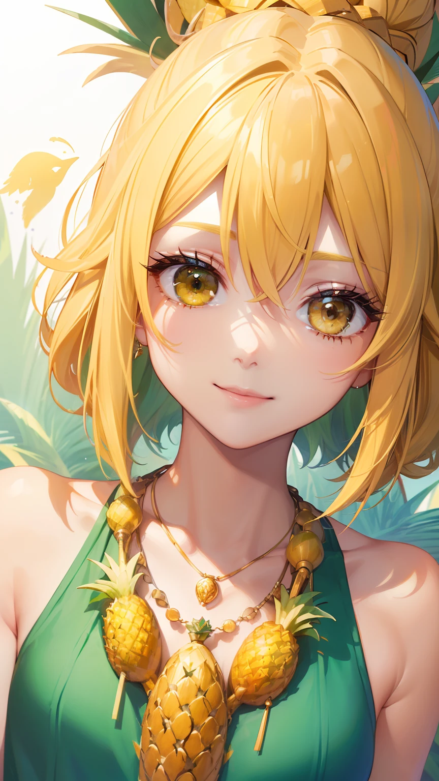 (Extra detailed body、More detailed face、best qualityer:1.2)、femele、looking at viewert、(Gradient hair color: Yellow and yellow-green、A smile、years、Perforation of bird feathers to shoulders、a necklace、coloring)、(There are a lot of pineapples in the background)