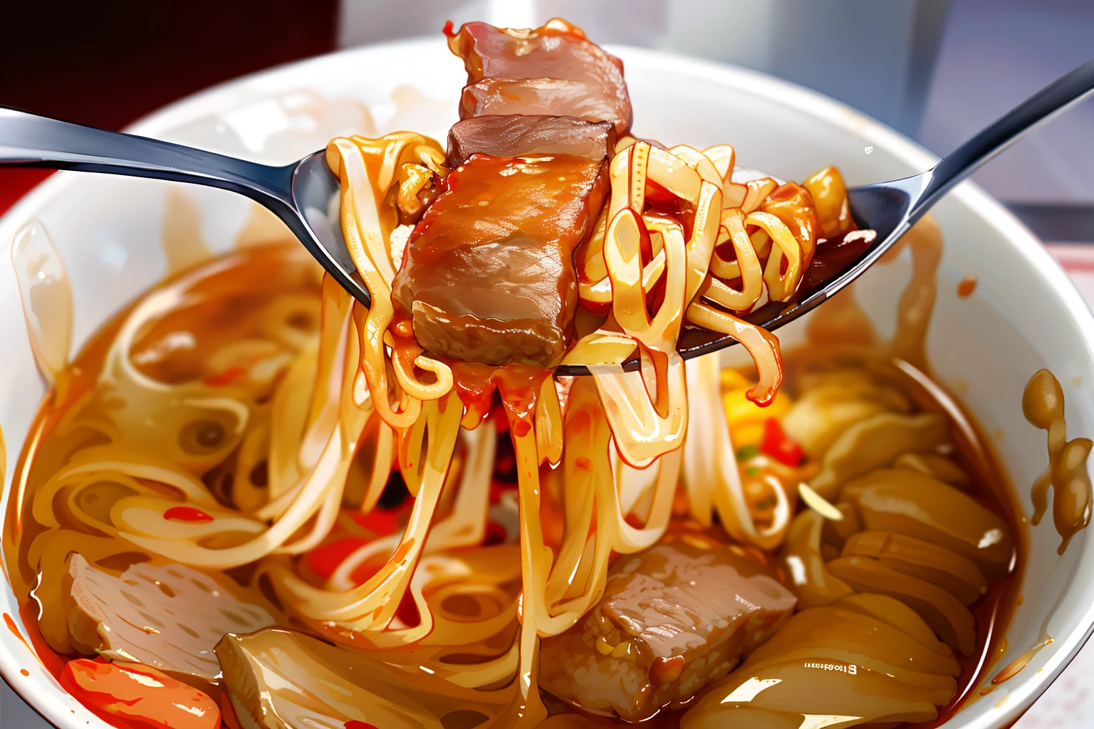 Arapi noodles with meat and sauce in a bowl with a spoon, Ramen, eating ramen noodles, in style of thawan duchanee, Noodles, delicacy, very tasty, Juhe, daopao, ❤🔥🍄🌪, Eating noodles, author:Bernardino May, Chinese, extremly intricate, mansik yang, Meaty, aokamei