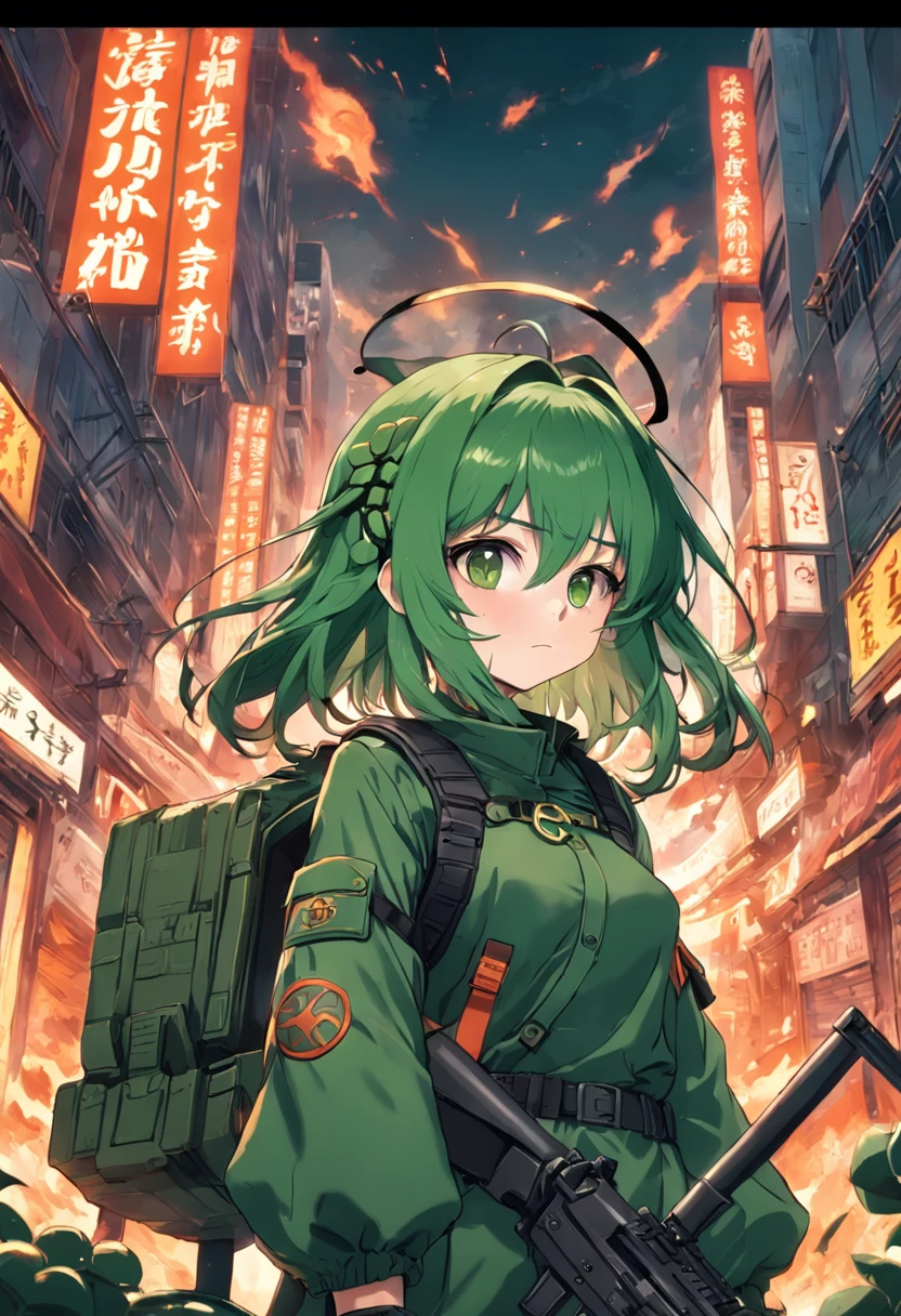 Super machine gun pea，Dark green hair，helmet on，Protective goggles，Full fire，machine guns