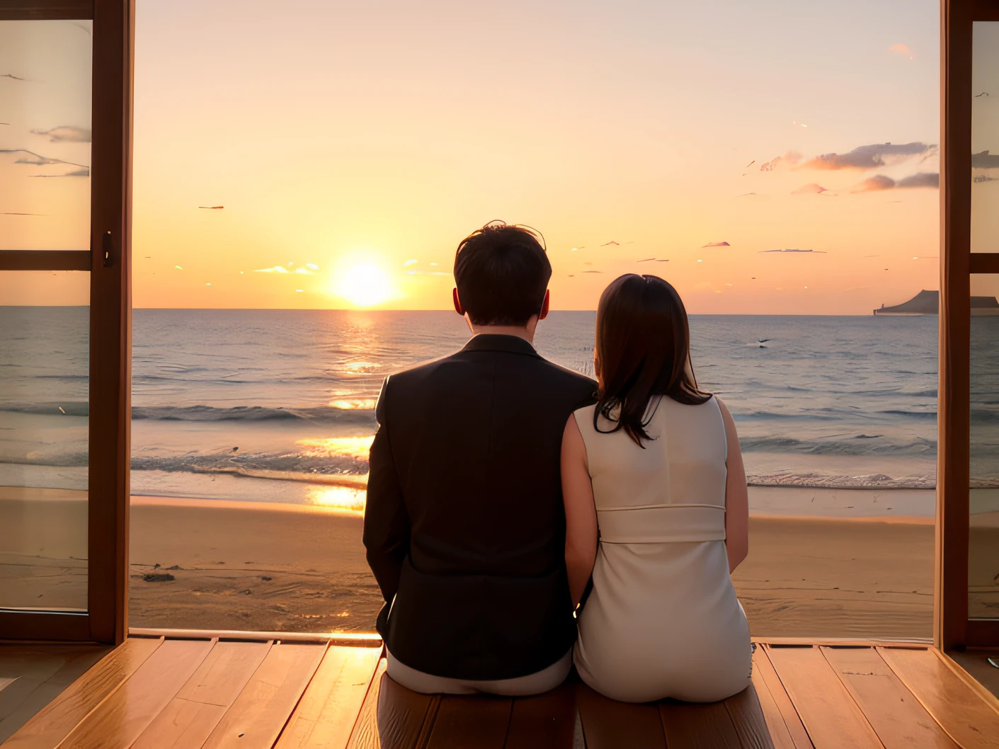 There was a man and a woman sitting on a bench looking out to sea, gorgeous romantic sunset, romantic couple, Romantic!!!, calm feeling, Romantic, looking towards the horizon, taken at golden hour, Romantic scene, watching the sunset, Romance, No words, at the sunset, Overlooking the sea, looking at the ocean, morning golden hour, the sunset