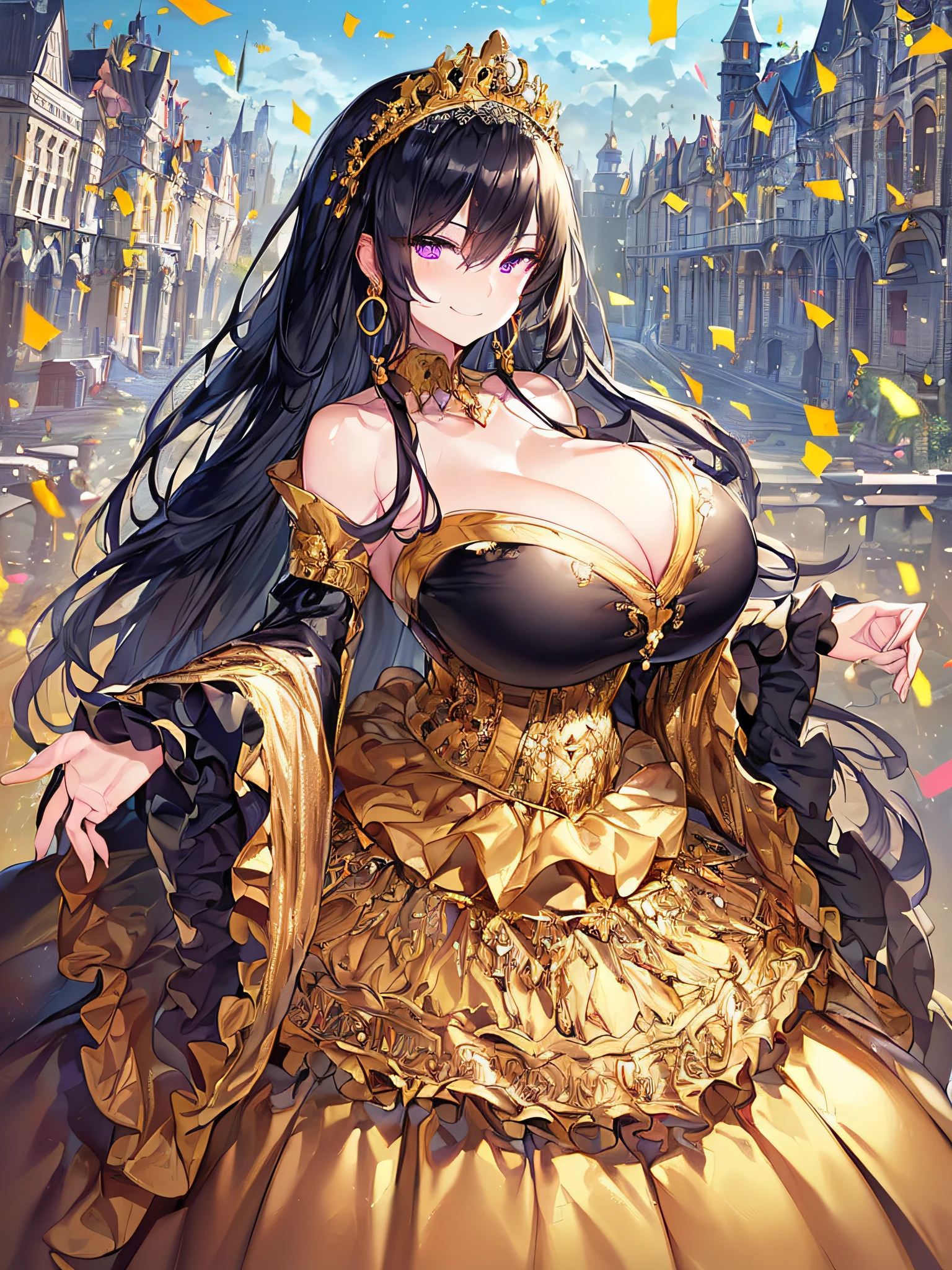 ((anime artstyle)),(Masterpiece),(Best Quality), (Super Detail),((Very Delicate and Beautiful)),(((Solo))),((full body portrait)),((1 arrogant queen in gorgeous black and gold ruffled rococo princess ballgown with voluminous full length hoop skirt and gorgeousfull embroidery),((crinoline)),gold trim,Long train,(dominant pose,dominant facial expression),(arrogant,haughty),((arrogant smile,haughty smile)),Sharp eyes,((standing in the square of the castle town,festival)),confetti,sunlight,((outdoor)),medieval main street,gorgeous gemstone jewelry,detailed face and eyes,jewel-like eyes,Purple eyes,(Bangs between eyes),((large amount of straight hair,extremely Long voluminous black Hair)),((gigantic tits,Long tits)),gorgeousfull embroidery,cleavage,extremely gorgeousfull hair ornament,(bling-bling extremely gorgeousfull jeweled tiara),gorgeous corsage,(Dynamic Angle),(Blue sky:0.7),Looking at viewer,confetti flowing,(full body)),((gorgeous black and gold ruffled rococo princess ballgown with voluminous full length hoop skirt and gorgeousfull embroidery))