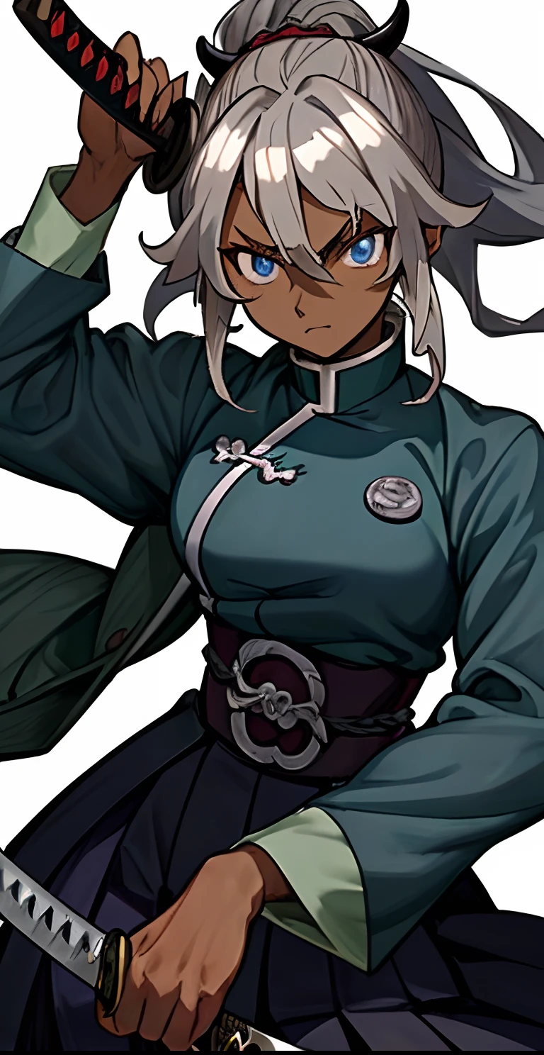 (masterpiece, best quality), female Demon Slayer character, dark skin, grey hair, blue eyes, hashira uniform, holding a katana.