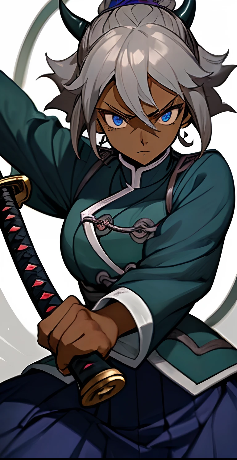 (masterpiece, best quality), female Demon Slayer character, dark skin, grey hair, blue eyes, hashira uniform, holding a katana.