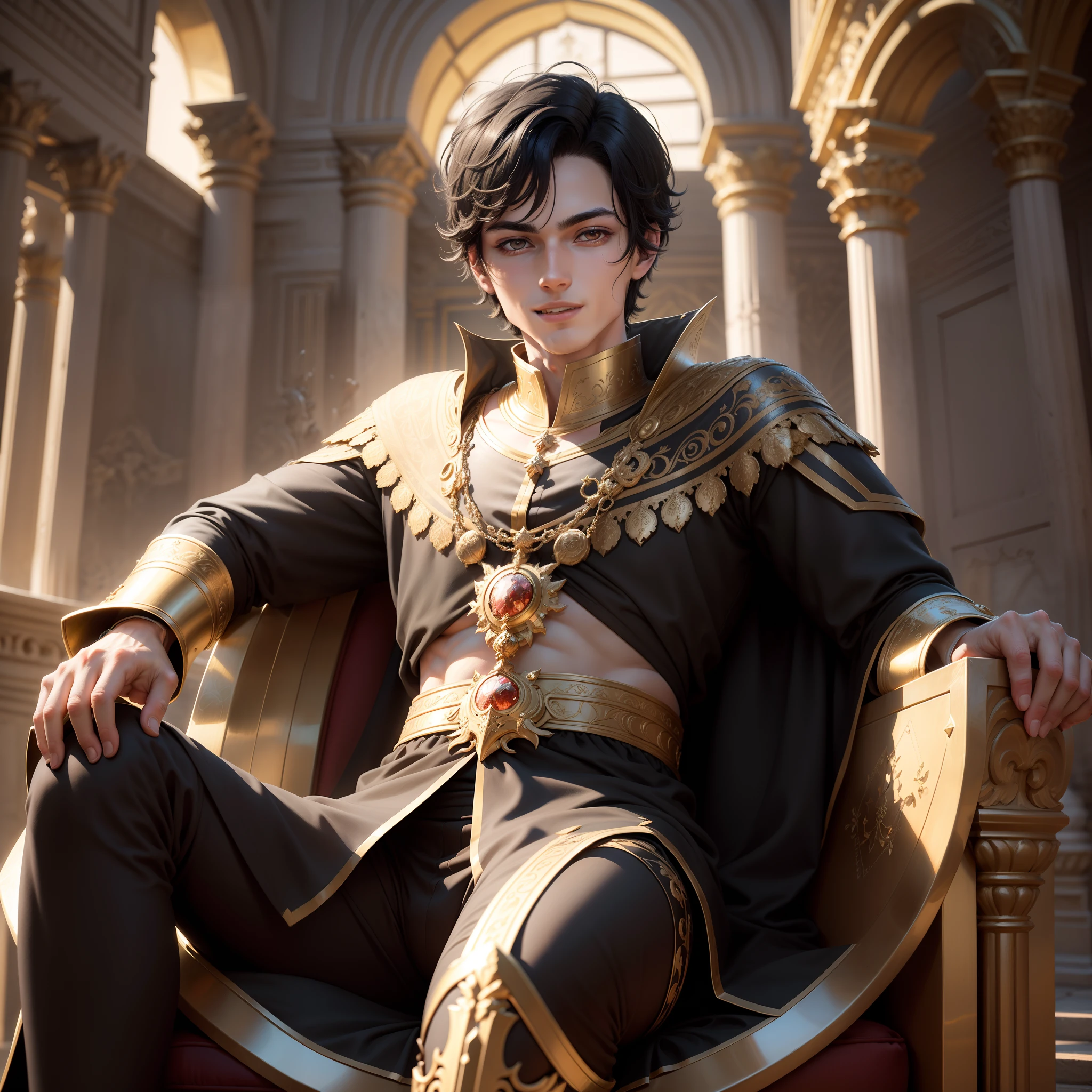 quadratic element，In the golden royal palace of ancient Europe，A handsome prince，s delicate face，Short black hair，Red eyes，high and cold，Black belly，Sit on a central throne，One hand supports his face，Holding Erlang's legs，Laughing playfully，juvenile sense，Tender，cartoony