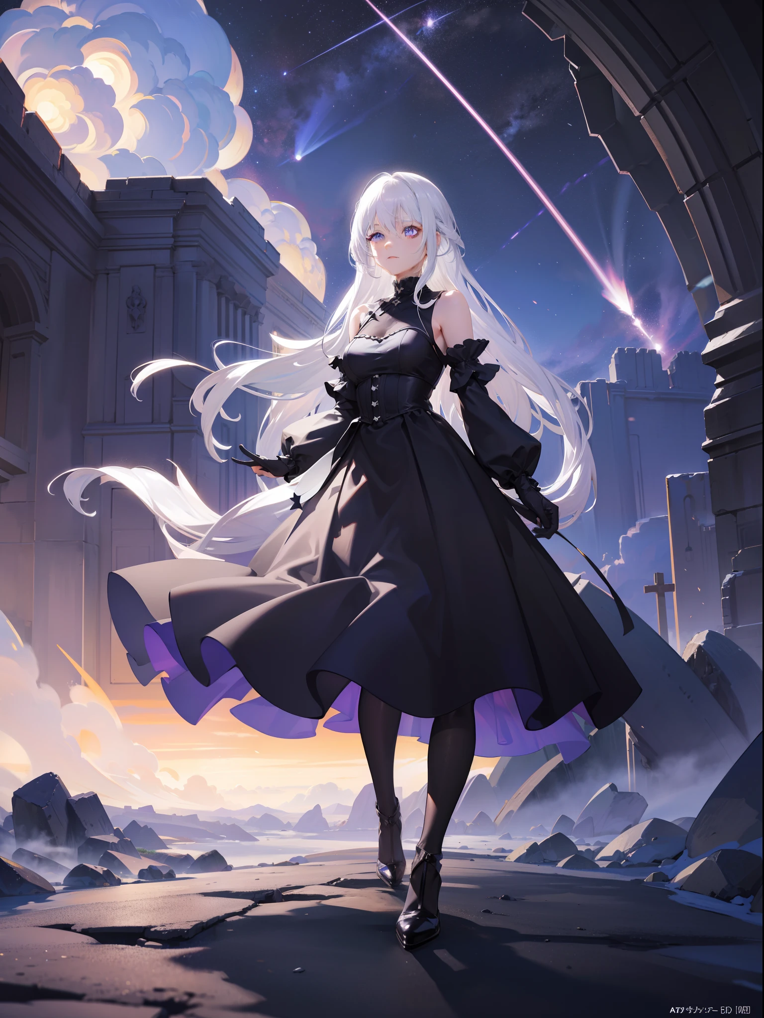 Silvery-white hair，Purple eye，Black dress，Shoulders exposed，starryskybackground，meteors，Contre-Jour，Cinematic texture，Light and shadow changes，Europe，Middle Ages，A half body