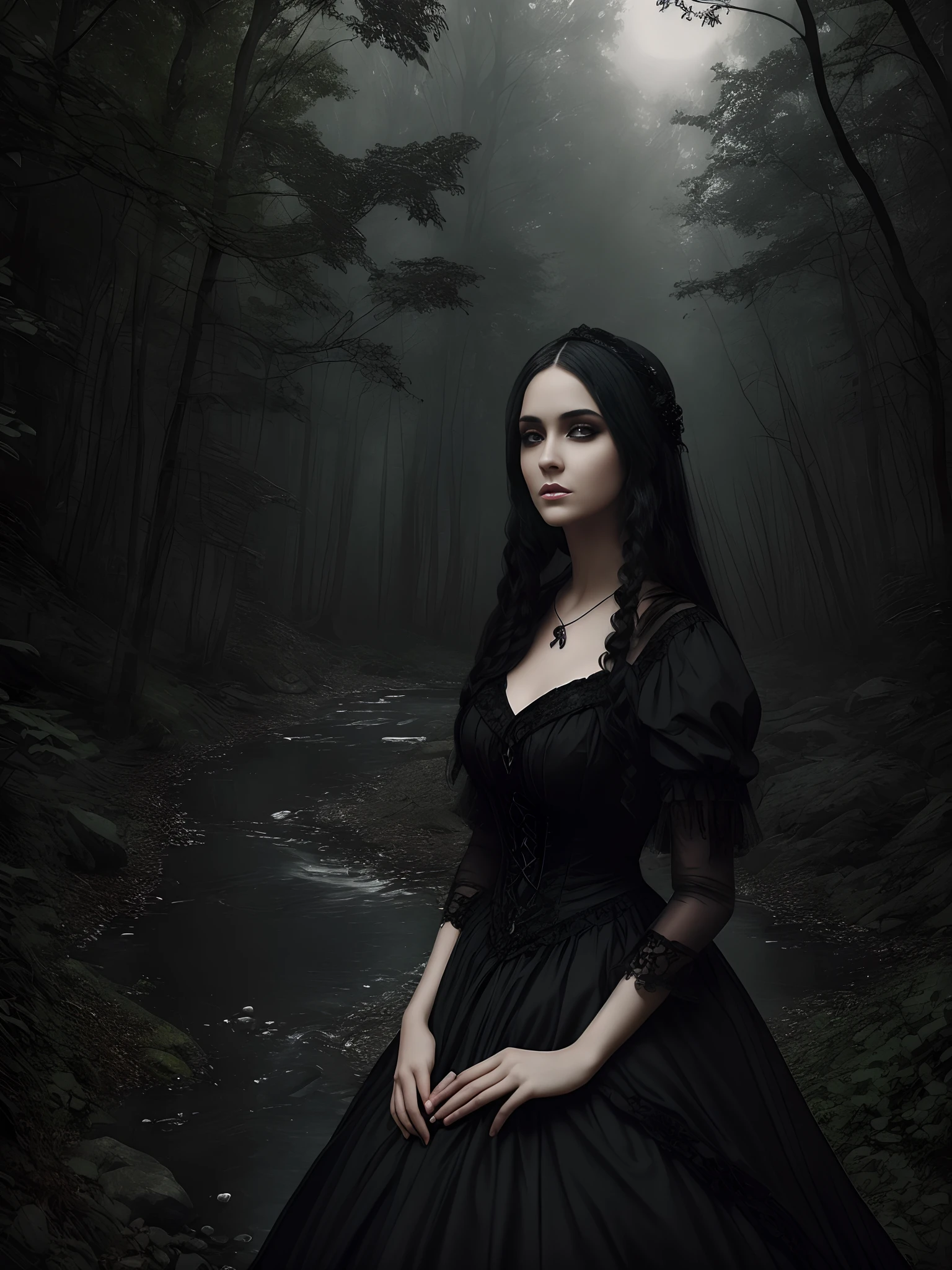 A beautiful woman in a black dress, Beautiful face, Amazingly beautiful face, largeeyes, In the dark forest, There is an atmosphere of a creek, Gothic style, Dark style