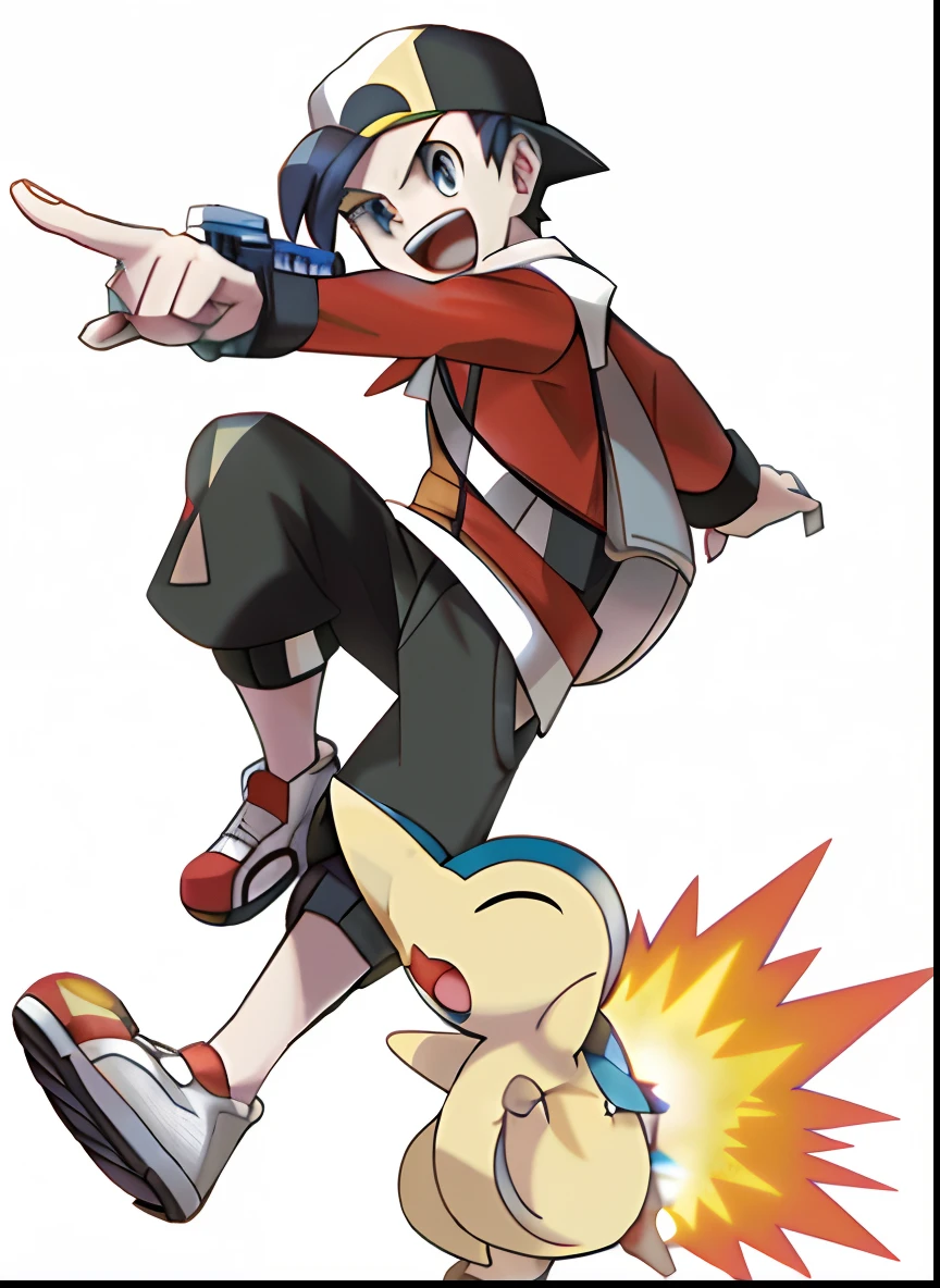 Cartoon image of a pokemon character with a gun, pokemon trainer, offcial art, Official artwork, pokemon anime style, for pokemon red and blue, new pokemon, pokemon style, hq artwork, dynamic energic pose, attack pose, pikachu as a human, illustration pokemon, ash ketchum, mika pikazo, pokemon art style, Dynamic!!, fire type