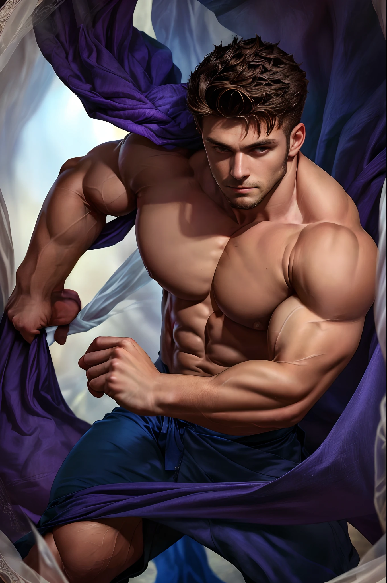 Realistic, Masterpiece, Best quality, Natural lighting, soft shade, insanely details, Detailed background, Professional photography, Depth of field, Intricate, Detailed face, Subsurface scattering, photo-realistic hair, Realistic eyes, Muscular, Masculine, Big Pectoral Muscles, Photo of a handsome man, Fabric artist, Purple cloth, Dynamic pose,