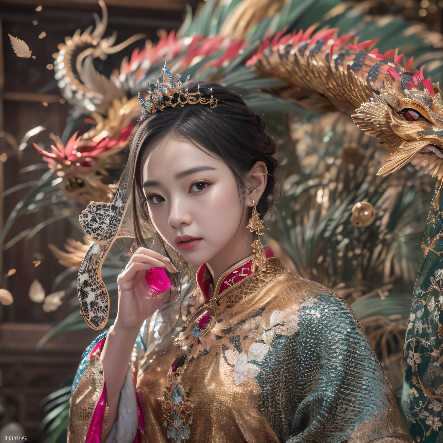 16k（tmasterpiece，k hd，hyper HD/short detailed hair，Gold jewelry area in the back room，King Girl ，Dragon Dance Protector （realisticlying：1.4），Python pattern robe，Purple-pink tiara，Snowflakes fluttering，The background is pure，Hold your head high，Be proud，The nostrils look at people， A high resolution， the detail， RAW photogr， Sharp Re， Nikon D850 Film Stock Photo by Jefferies Lee 4 Kodak Portra 400 Camera F1.6 shots, Rich colors, ultra-realistic vivid textures, Dramatic lighting, Unreal Engine Art Station Trend, cinestir 800，Hold your head high，Be proud，The nostrils look at people