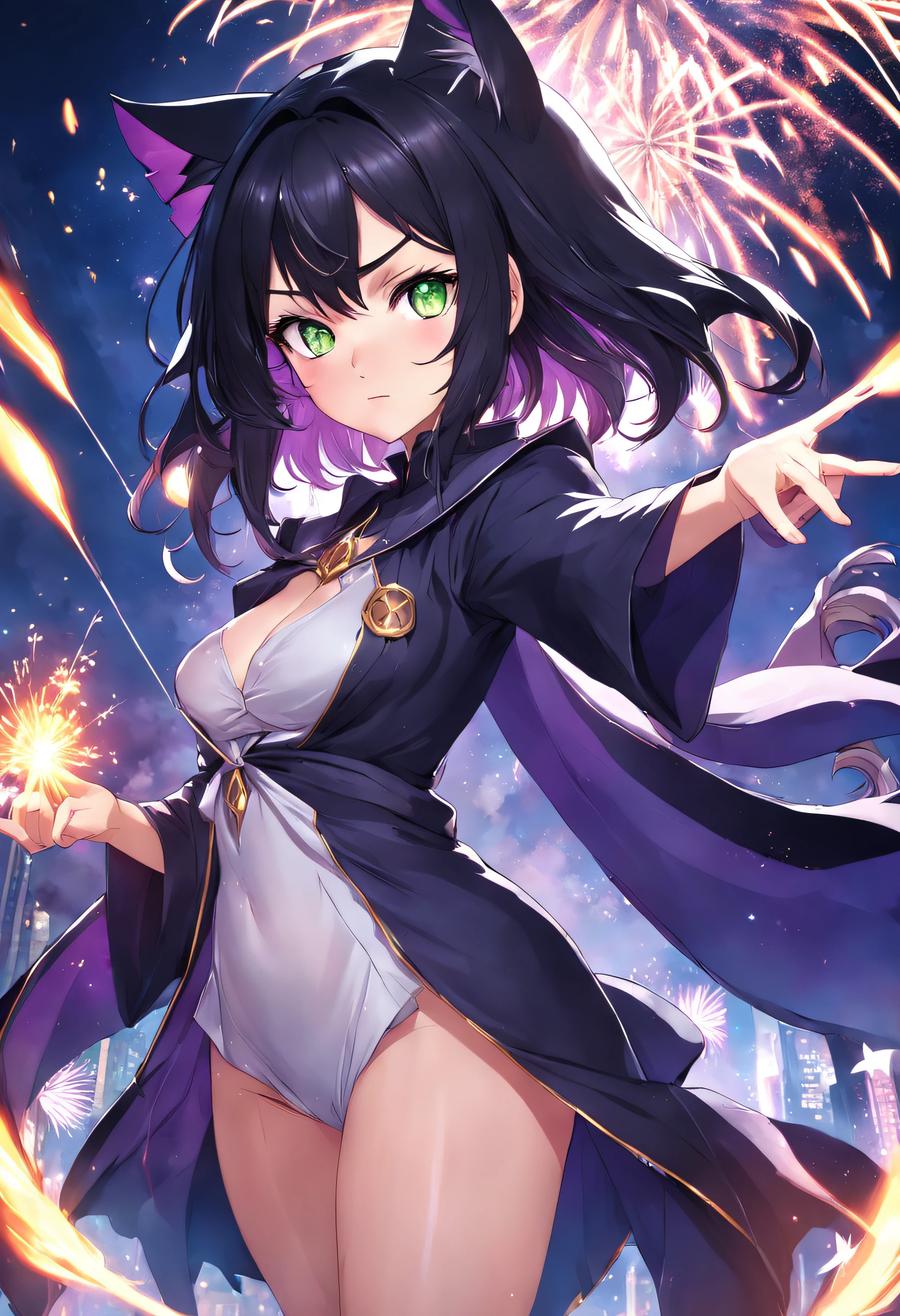 Witch with cat and fireworks in the background, black - haired mage, Seductive Anime Girl, Green eyes, flirty anime witch casting magic, ArtGerm. Anime Illustration, very detailed Artgerm, pretty sorceress, range murata and artgerm, beautiful alluring anime woman, beautiful sorceress, ArtGerm on ArtStation Pixiv