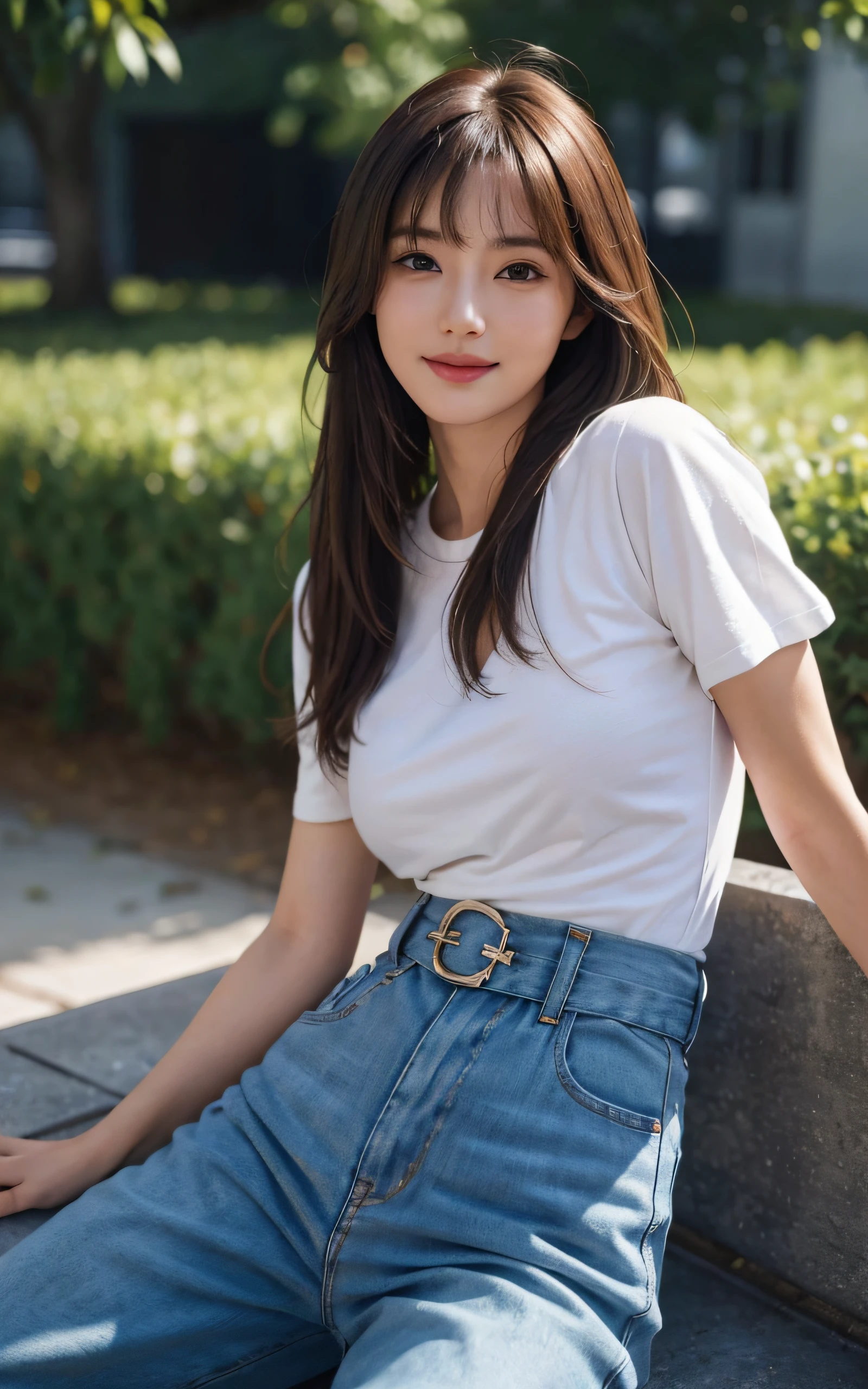 Masterpiece, best picture quality, high quality, beautiful woman, Japanese, detailed, detailed eyes, detailed skin, beautiful skin, ultra high resolution, (reality: 1.4),very beautiful, slightly younger face, beautiful skin, slender, (ultra realistic), (highresolution), (8K), (very detailed) (beautifully detailed eyes), (super detailed), T-shirt, pants, (wallpaper), (detailed face), looking at viewer, fine details, detailed face, smiling, looking straight ahead, looking straight ahead, angle from waist up, realistic photo, bright lighting, professional lighting, mature woman, brown hair, sway in the wind shoulder length straight hair, long stylish bangs,