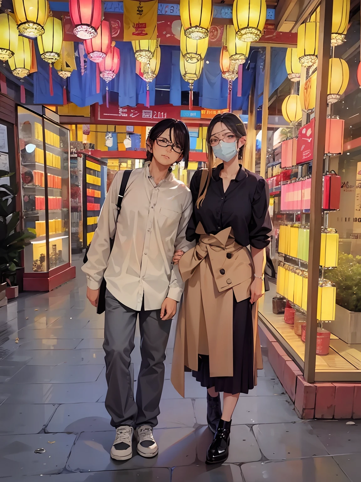 wears glasses,Wear a long skirt,wearing face mask,Clear eyes,Inky long dress