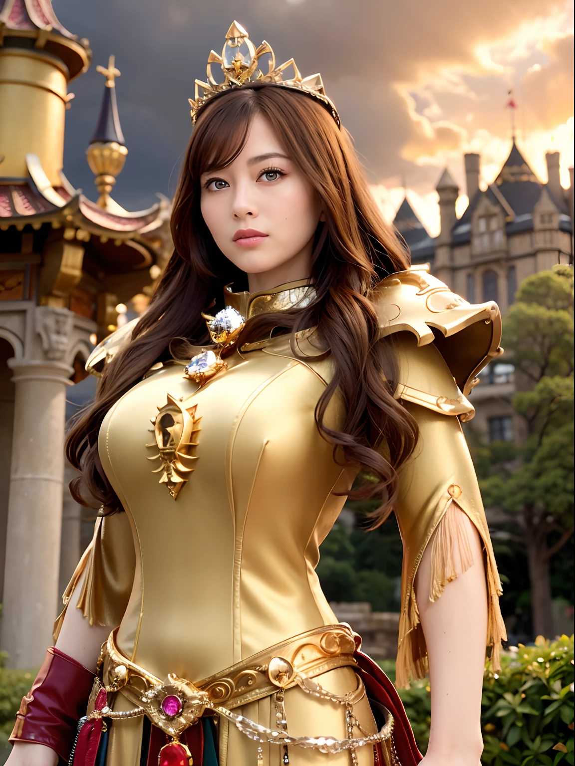 Professional , masterpiece、top-quality、photos realistic , depth of fields (Gemstone Silver Metal Body:1.9),(Matte yellow、Jewel Gold Weapon、(Gorgeous castle background)、(Jewel Metal Body:1.4),(Gorgeous Jewel Metal Weapons) , (Detailed Sword of the Brave) ,( ) ,warhammer 40k , adepta sororitas,Detail and ornate jewel crown、Brown hair、(Gangle's forest background)、1a person、dynamic ungle,(((Diamond tiara with detail and luxury)))、a small face、A smile、Powerful poses、(Gorgeous castle background)、huge filesize、20 year old beautiful woman、Stand in the center of the screen、Thin female fingers、Straight long hair、Beautiful Caucasian beauty、Mystical expression、Lightly open your mouth、,Luminescent particles,light scattering,Tindall Effect
