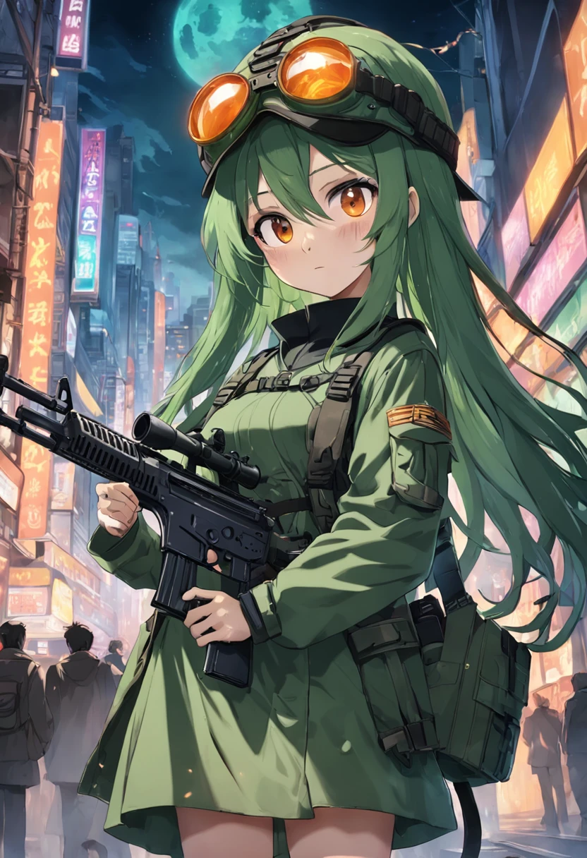 Super machine gun pea,Dark green hair,helmet on,Protective goggles,Orange eye lenses,Machine guns,shelmet,arma,Super machine gun,pea