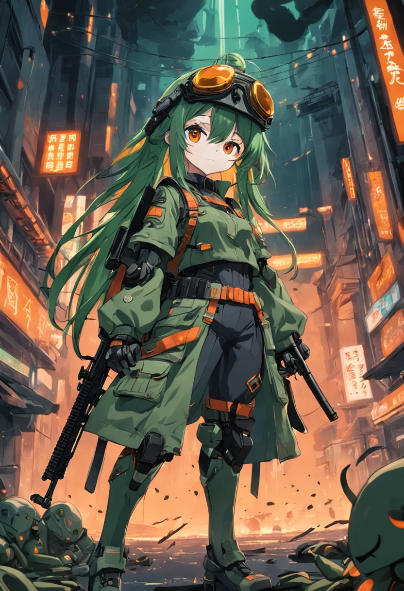 Super machine gun pea，Dark green hair，helmet on，Protective goggles，Orange eye lenses，Machine guns，shelmet，arma，Super machine gun，pea