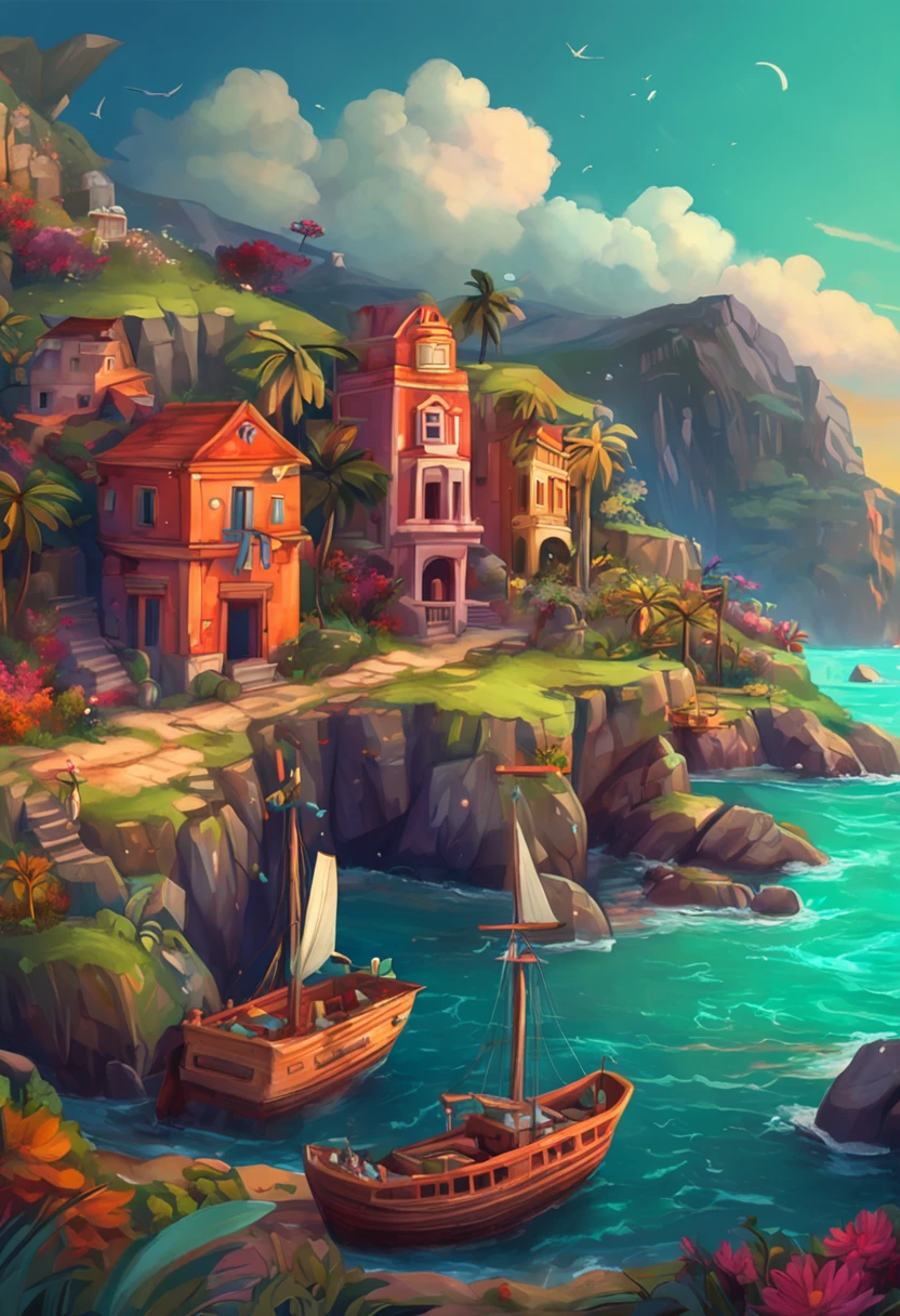 havia um barco pequeno, on the coast of this magical island. Havia uma , Pintura SNES
