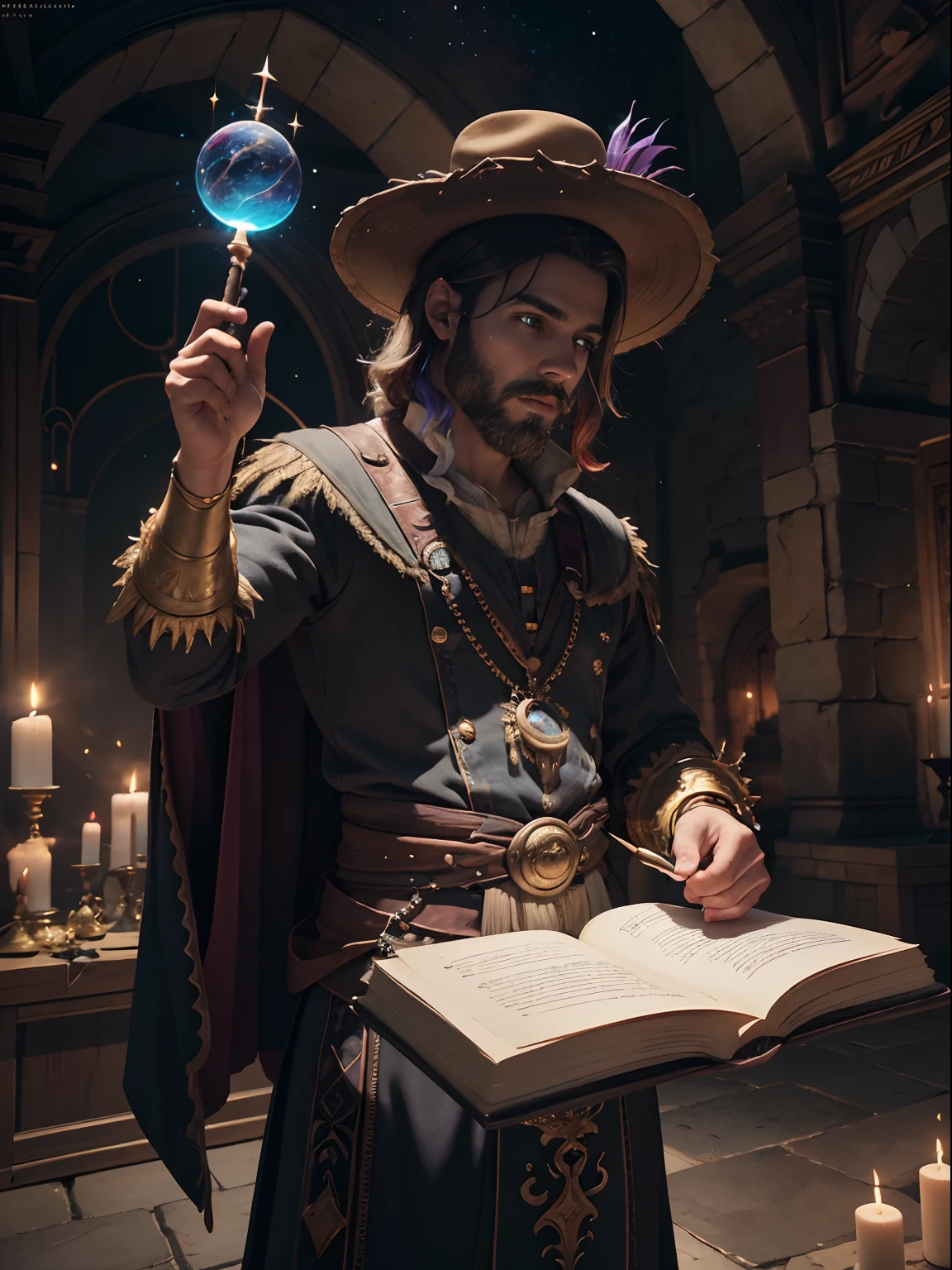 obra maestra, El mago en las carta del Tarot, masculino, magica, Poder, energy, amable, realista, haciendo hechizos, In front of an altar of magic, apuesto barbudo y sombrero de hechizero, Colorful with mystical colors in a cosmic universe with bright wand, herramientas de magia, stunning realistic photograph, Renderizado 3D, Renderizado de octanaje, intrincadamente detallado, Kinematic, tendencias en Artstation, Isometric, Centered hipereallistic cover photo, Impresionante a todo color, oscuro, arenisco,ultra-high def, 8k, Motor Unreal 5, Ultra Sharp Focus, obra maestra de arte intrincada, ominoso, epopeya, Altamente detallado, vibrante