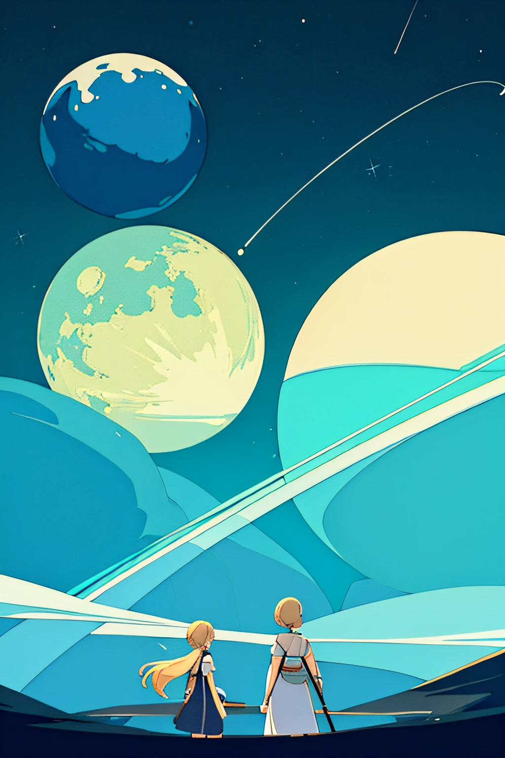 cola exists, planetarium, sky, fantasy, {{{giant Jupiter}}}, blue, {{{huge Jupiter}}},{{{masterpiece}}}, {{the best quality, super fine illustrations, beautiful and delicate water}}, {{very delicate light}}, starfall, clean sky, night sky, night, depth of field,{{{Two moons}}}, Giants, Megaphobia, {{extremely detailed CG unity 8k wallpaper}}, {ultra-detailed}, {extremely delicate and beautiful}