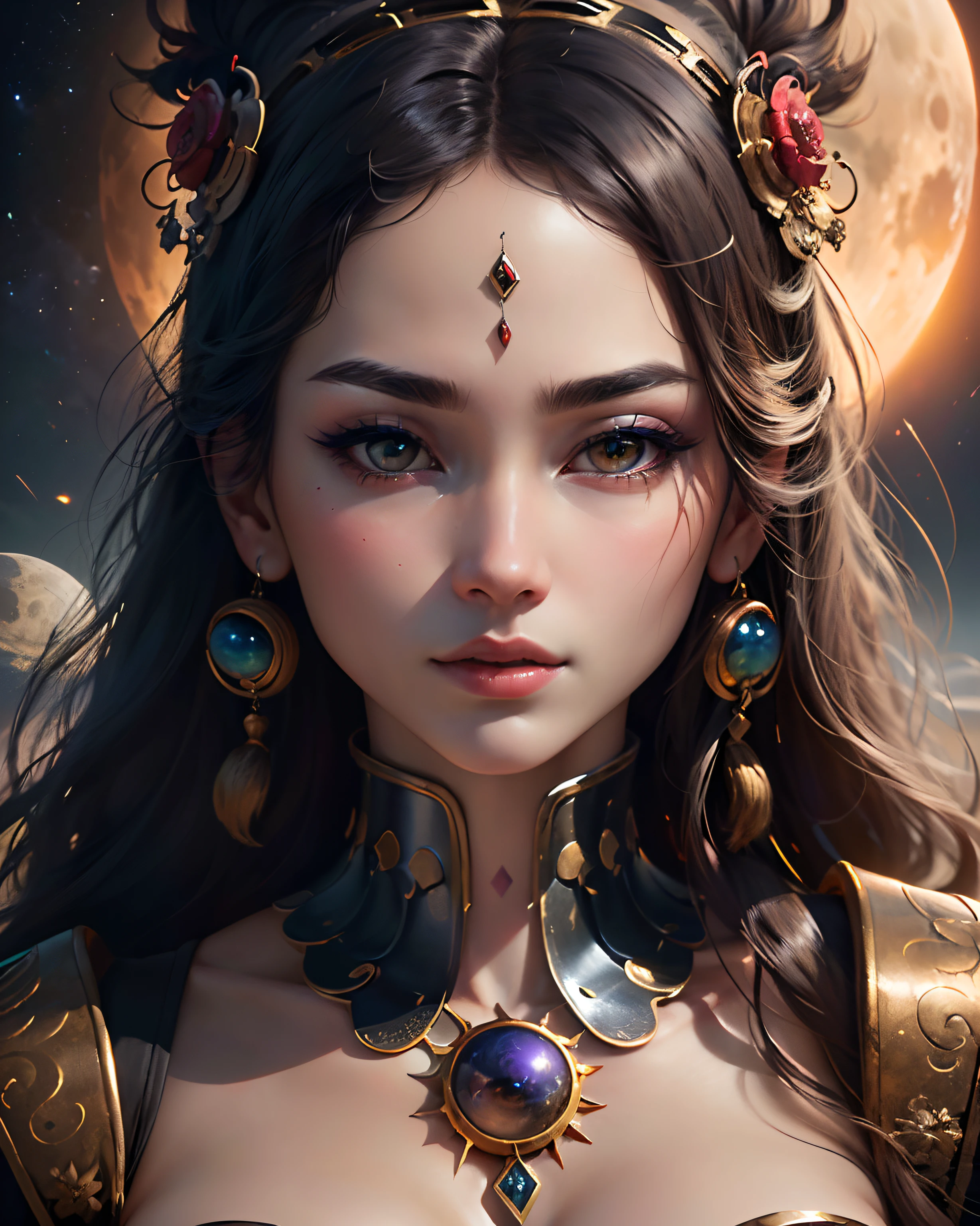 （best qualtiy，ultra - detailed，Most Best Illustration，Best Shadow，tmasterpiece，hight resolution，professionalartwork，famousartwork），Detailed eyes，beautidful eyes，closeup cleavage，sci-fy，colored sclera，Robotic eyes，face markings，tattooed，（fractalized，Fractal Eye），largeeyes，wide eyes，（Eye focus），sface focus，the eye of the universe，the eye of the universe，Close up of metal sculpture of woman with moon in hair，shrine maiden、extremely high detail，3 d goddess portrait，Highly detailed footage of the goddess，Stunning portrait of Himiko，Side image of the goddess，portrait of a beautiful goddess，Full body close-up of Japan goddess，Woman of the Evil Horse Kingdoms，Portrait of the sun goddess，goddess of space and time