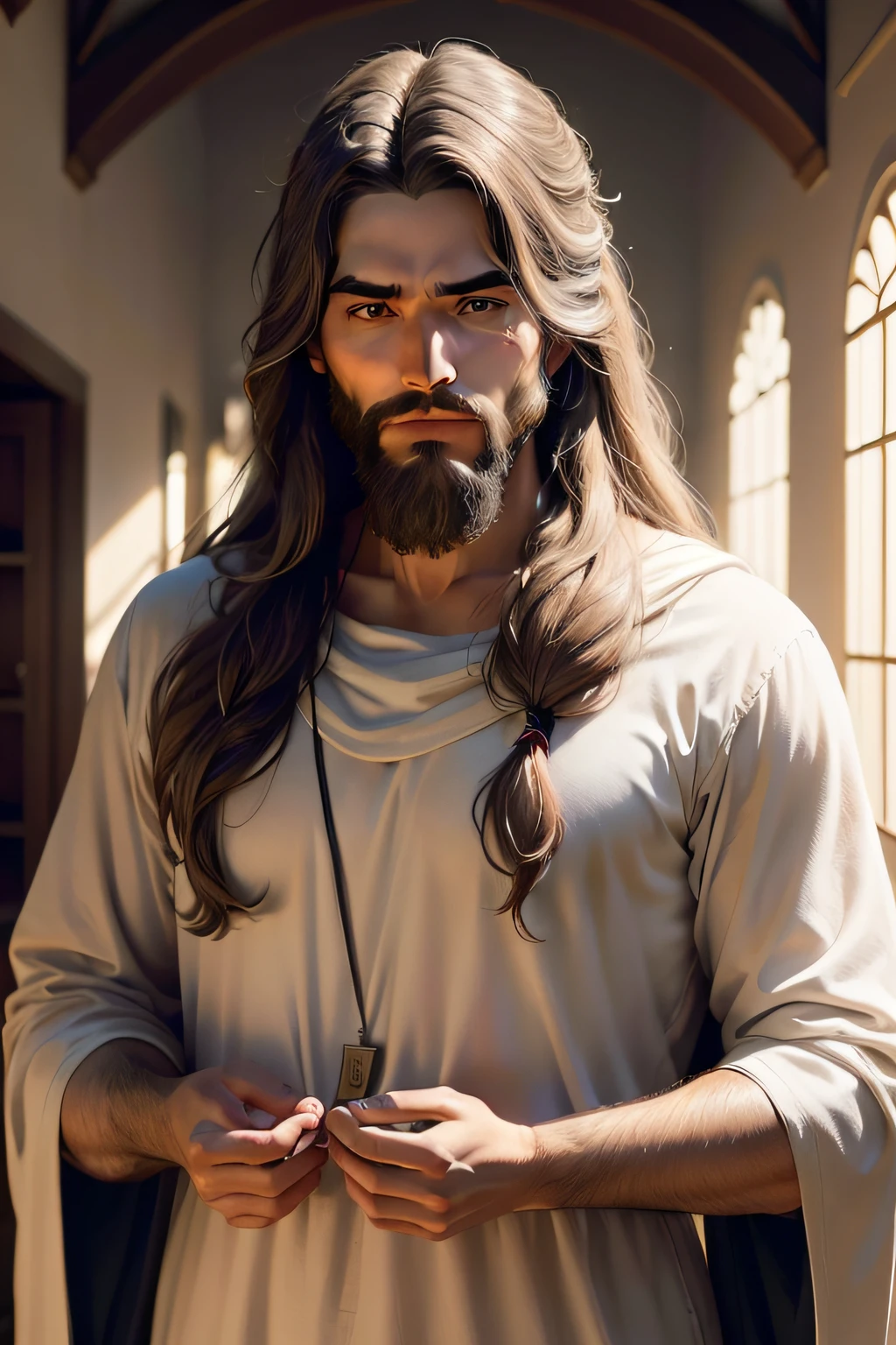 arafed image of a man with long hair and a cross on his chest,big beard,33 years old,blue eyes,crown of thorns on head,portrait of jesus christ, jesus of nazareth, face of jesus, jesus christ in mass effect, jesus christ, cyberpunk jesus christ, dressed as jesus christ, jesus, jesus gigachad, portrait of holy father,  Fan Art, portrait of religious masterpiece, Jesus wasted at a party