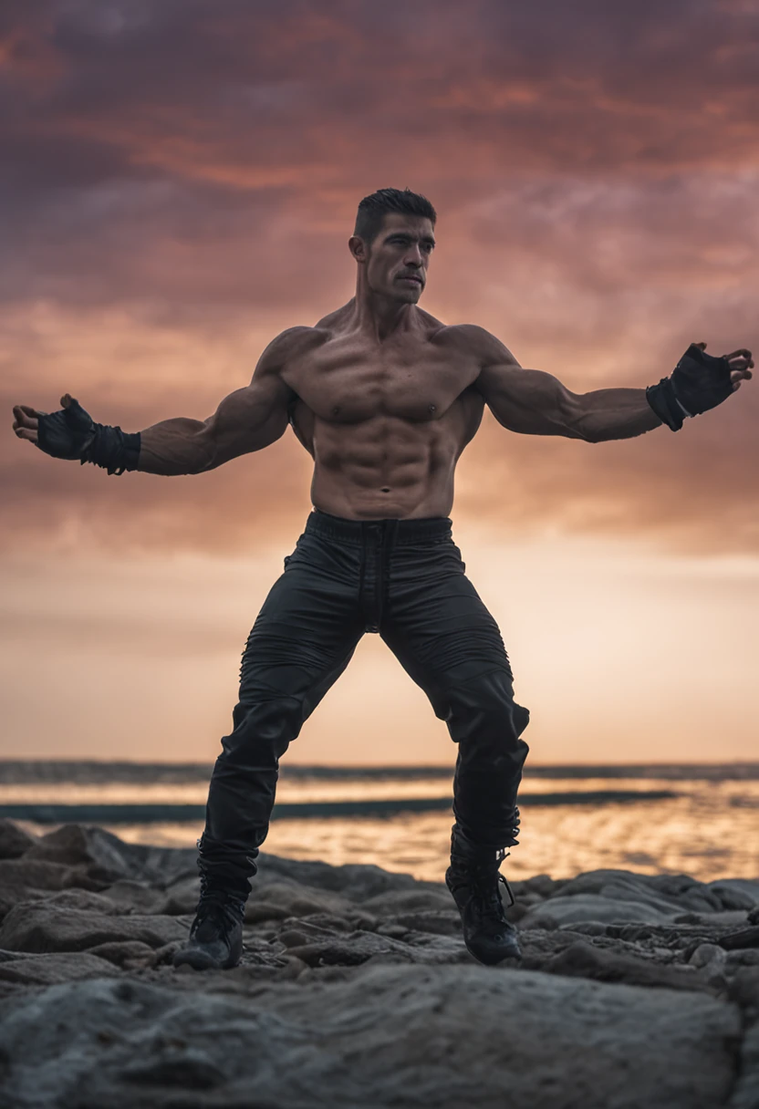 abs, duo, muscular gray furred werewolf muscular, bare chest, big bulge in pants, lake background,  best quality, photo, lake background, sharp focus, (vibrant, sharp focus, 8k), photographed by Canon EOS R6, 135mm, 1/1250s, f/2.8, ISO 400