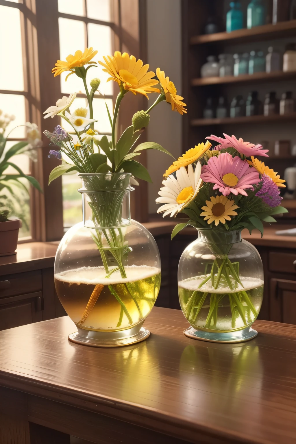 Existem muitos tipos diferentes de ervas na mesa, flores, image apothecary, Erlenmeyer balloons, botanicals, Ingredientes na mesa, natural and organic and fluid, colorful pills, holistic medicine, apothecary, laboratory equipment, tubos de ensaio, potes de vidros coloridos