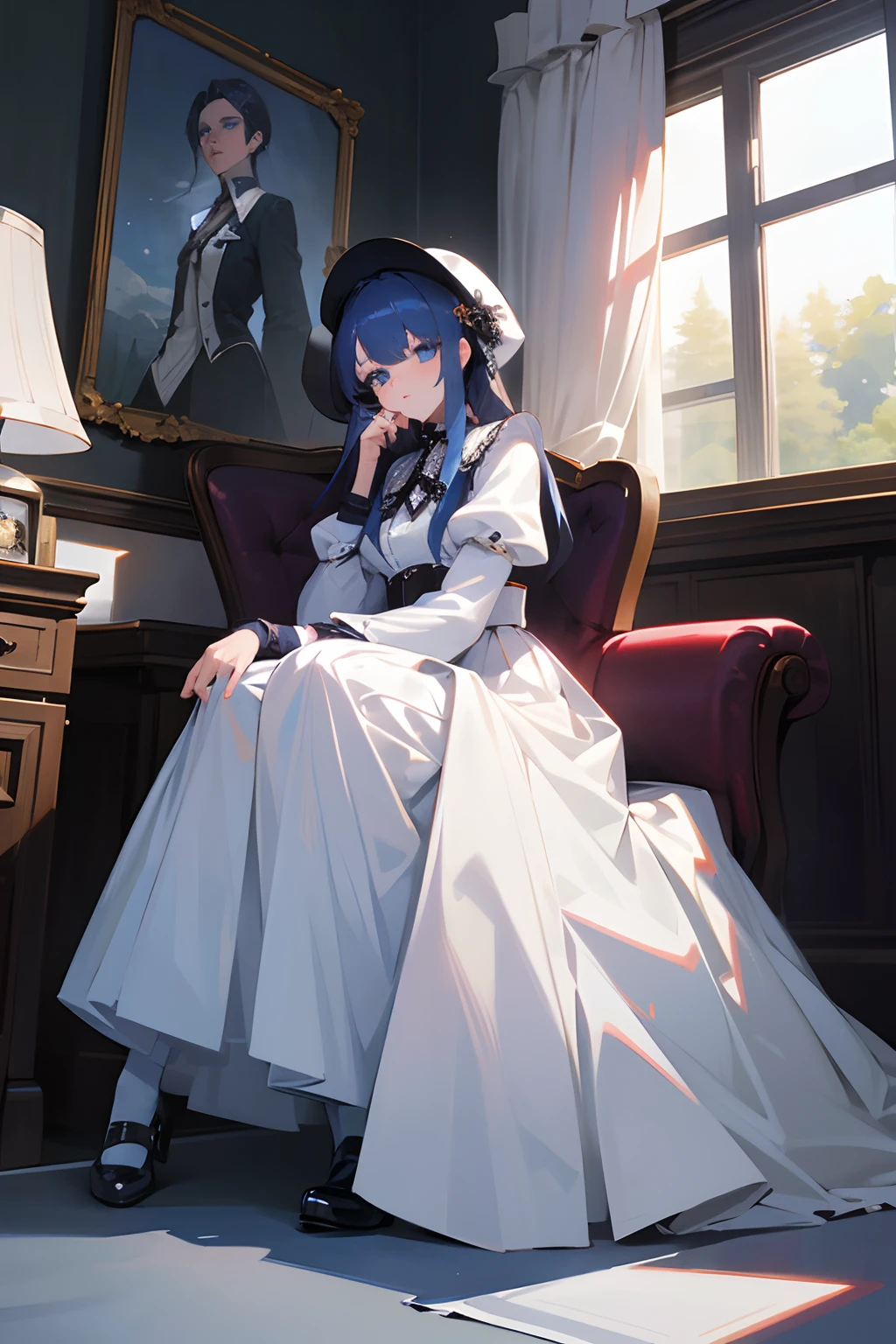 tmasterpiece， Best quality at best， A high resolution，  blue eyes，Elegant maiden，Clothing cutting， Tall girl，White collar，longer sleeves，long  skirt， The shirt， black glove， Black pleated skirt， cowboy photo，Sit Pose， inside in room
