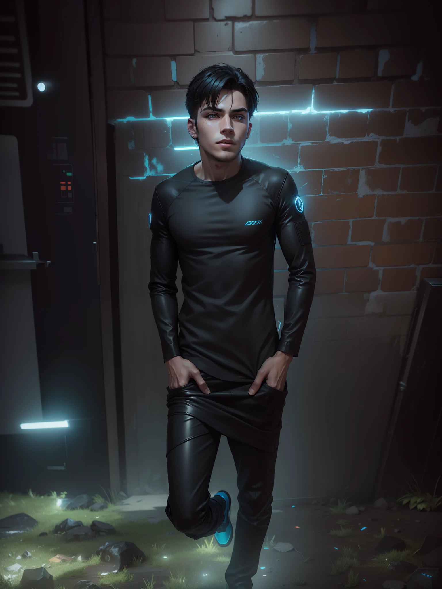 Change background cyberpunk handsome boy, realistic face, 8k, ultra realistic, Change clothes into Black suit and sleeper with black boots