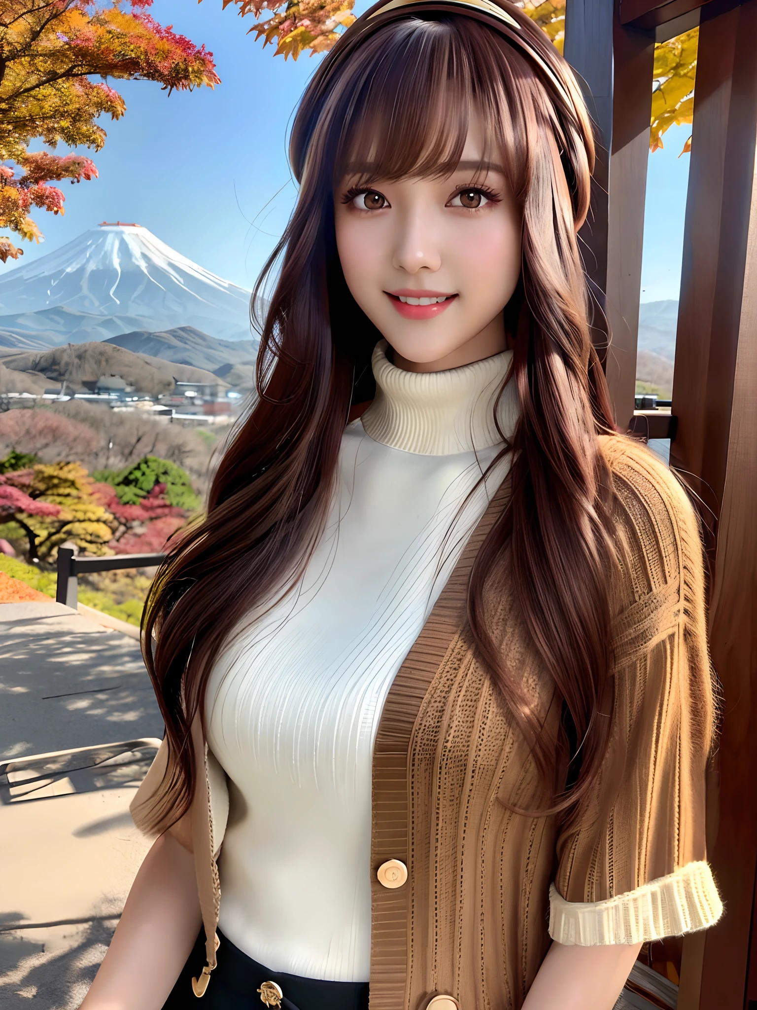 mast, 1 girl per 1 photo, Face shot, Front view, a Japanese young pretty girl, Long Bob hair, goggles on headwear, Autumn leaves surrounded by mountains in Japan, A big smile, Dark brown knit cardigan with black turtleneck, stares at the camera, hyper cute face, Glossy lips, double eyelids for both eyes, Natural makeup, Shiny smooth light brown hair，Long Bob hair, Asymmetrical bangs, Tanned skin, central image, 8K resolution, High detail, Detailed hairstyle, Detailed face, Cinematic lighting, Octane rendering, Ultra photo realsisim, Perfect limbs, Perfect anatomy