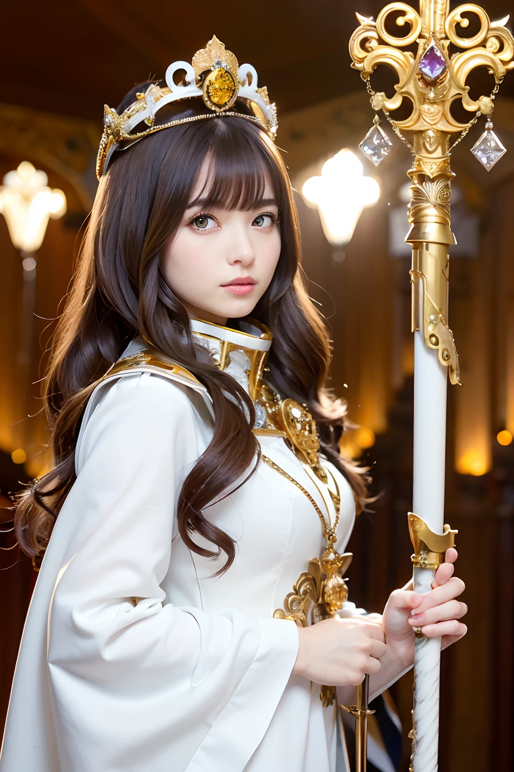 (masutepiece), Professional , masterpiece、top-quality、photos realistic , depth of fields (Gemstone Silver Metal Body:1.9),(Matte White、 Gold Weapon_(Metal:1.4),Gorgeous metal weapons , Detailed Sword of the Brave , Beautiful knife ,warhammer 40k , adepta sororitas,Detail and ornate jewel crown、Brown hair、Gangle's forest background、Beautiful Caucasian beauty、1a person、dynamic ungle,(((Detailed and ornate diamond crown)))、Particles of light、