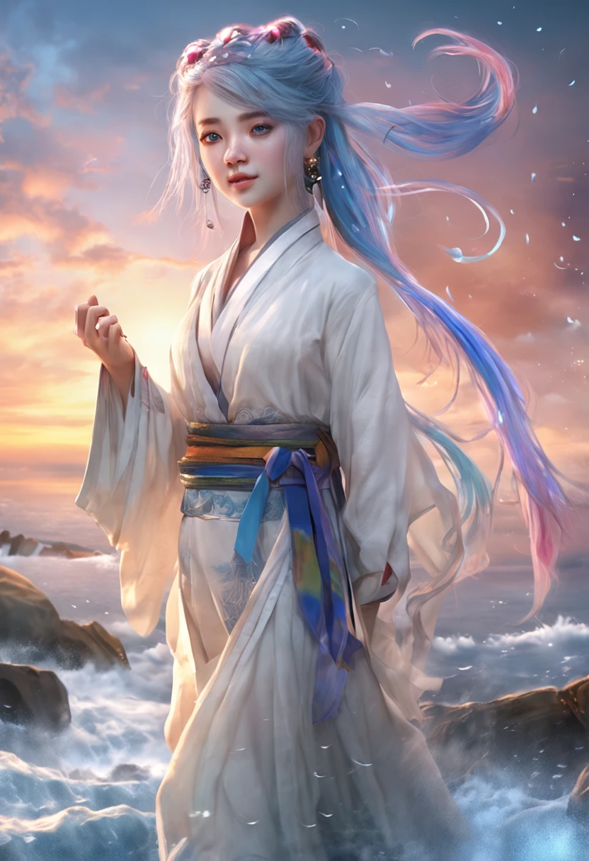 masterpiece, best quality, ultra-detailed, floating, high resolution, dynamic angle, dynamic pose. 1girl with blue eyes and multicolored hair. She wears white wuxia clothes with a neck ribbon. The scene depicts twilight with water droplets, clouds, and a wide shot. The overall style is reminiscent of watercolor.)