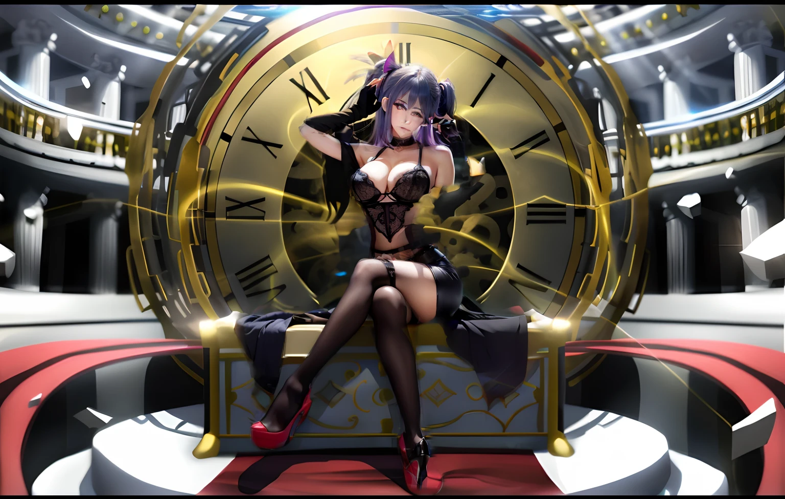 Anime girl sitting in chair，（Wearing black erotic lingerie1.2)，red high heel pumps，Black double ponytail with black lace trim,videogame, noire, azur lane style, hanayamata, ，(pixiv 3dcg1.2) neo noire，（Black stockings 1.2)，red high heel pumps，(E cup 1.5)，gigantic cleavage breasts(1.2)，Infuriating sexuality，pornographic