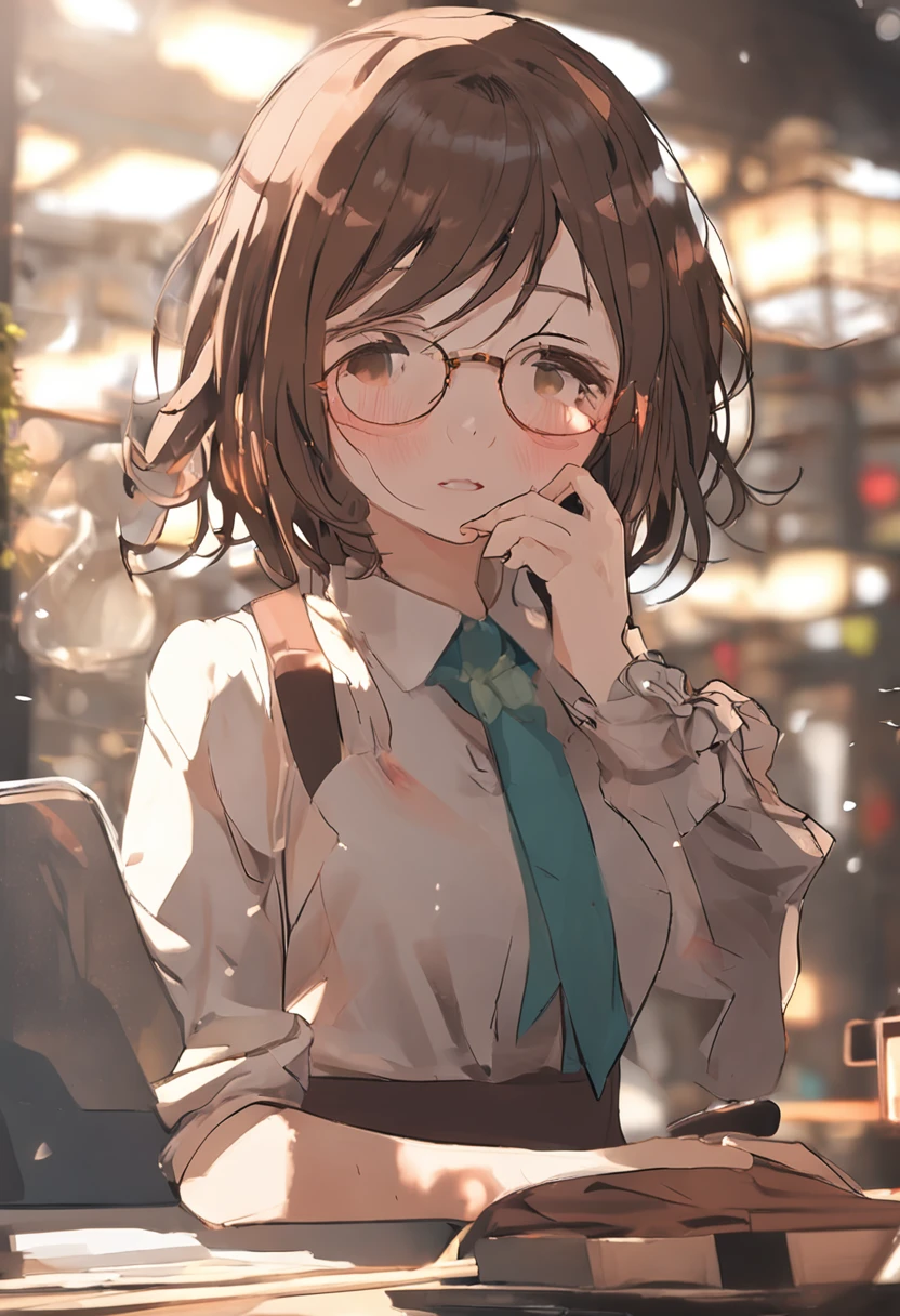 Beautuful Women、suits、Notebook work、wears glasses、Brown hair、Maki Nishiyama、a smile、building、cafes