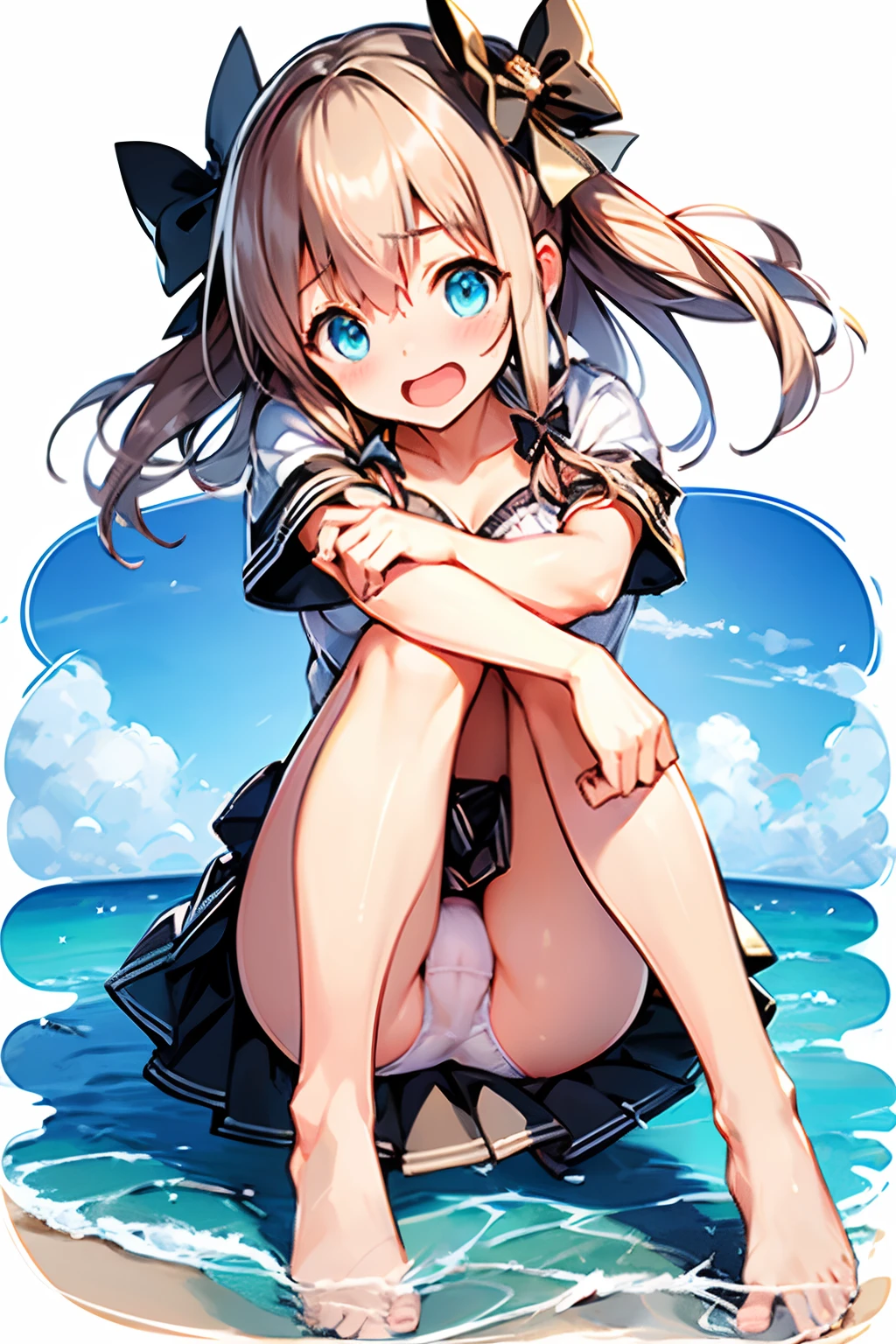 Masterpiece, best quality, Yukka Ende, ((blush, embarrassed)), open mouth, outside, day, ocean, perfect lighting, (red small hair bows), shiny blue eyes, 1girl, solo, no skirt, lying on beach, loli, middle chest, bow_panties, wet, (crotch seam, cameltoe, pantyshot), glico uniform, white shirt, (blush, embarrassed, open mouth), outside, day, ocean, perfect lighting, short sleeves, light clothes, from below, ((close up crotch)), wet panties, transparent, ((wide spread legs, knee lift, hugging legs)