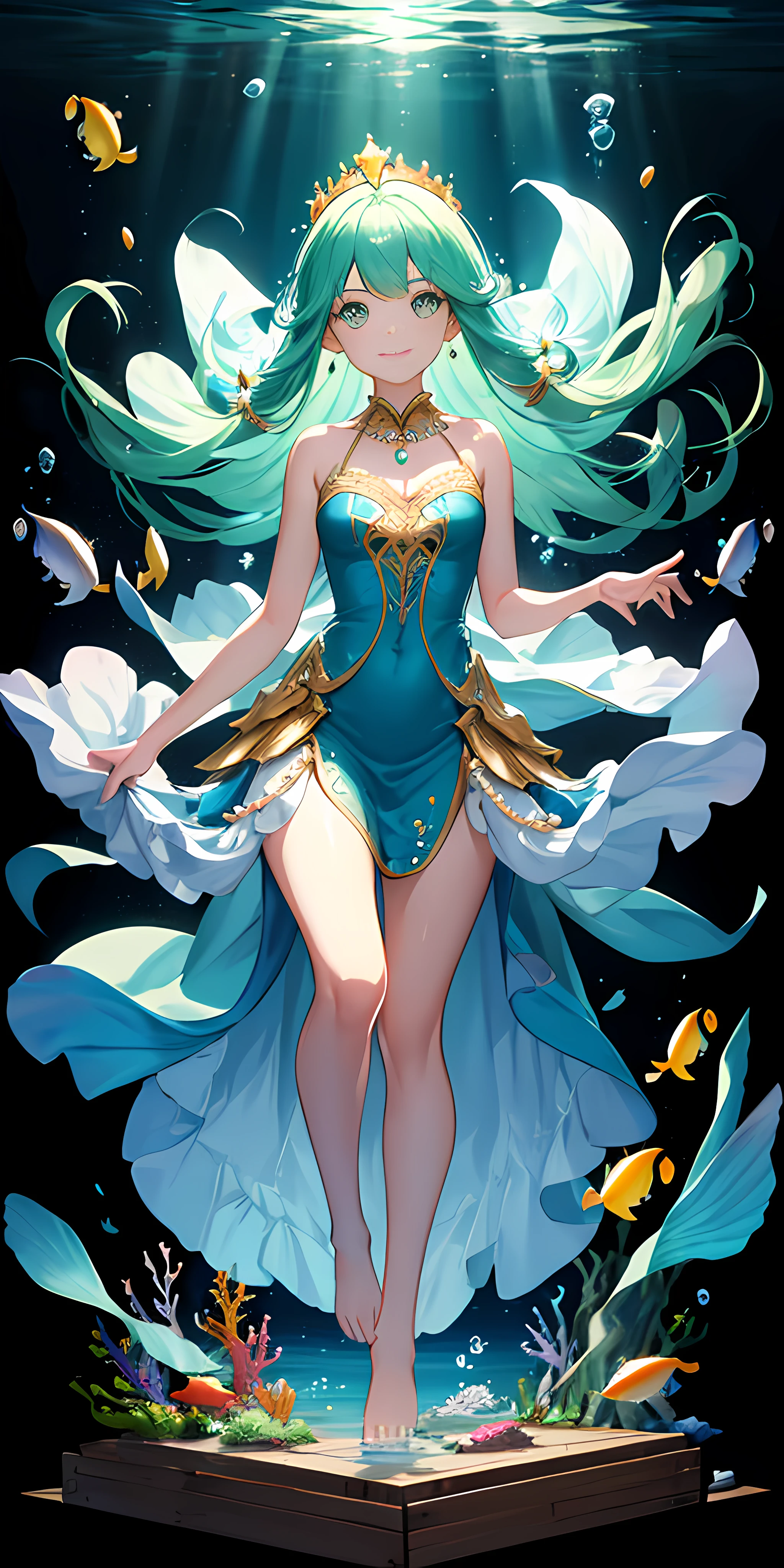 [(Transparent background:1.5)::5],(((Masterpiece))),(((Best quality))),(((Extremely detailed))),illustration, 1girll,独奏,mysterious,vivd colour,Shiny, Underwater transparent sealed hemispherical glass dome, (Light green hair),(Golden pupils), Girls all over,float in the water，Normal attire，Over-the-knee princess dress，Flowing tulle，Slender figure，Thin leg，Normal fingers，Normal hands，Large coral，Large shells，Large pearls，Delicate crown of pearls，pearls necklace，Cute mermaid theme，human feet，The barefoot,Peaceful nature, The scales on the body sparkle，Underwater, Dome,Close up,Dynamic actions,Lens perspective,(((Box composition))),float in the water，Clear underwater, Dreamy atmosphere，voluminetric lighting, Detailed eyes, ultra - detailed,Light smile, Highly detailed, Beautiful feet, small detailed, Ultra detailed, Best quality, Intricate, 8K, trending on artstationh, Good anatomy, Beautiful lighting, Award-winning