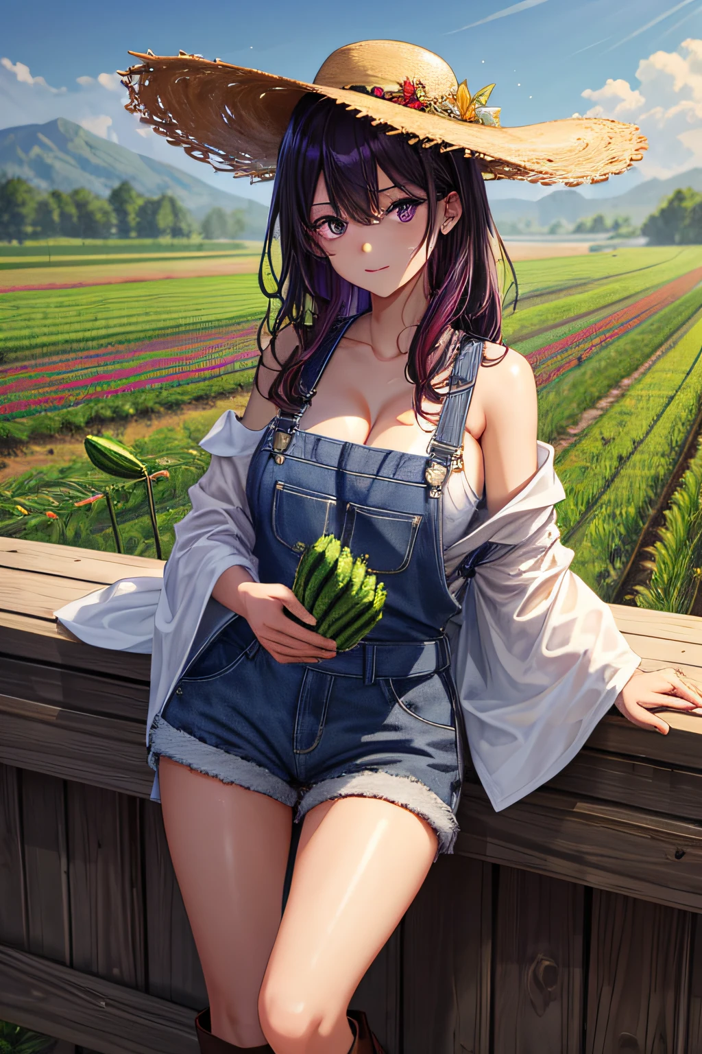 1girll, young girl, Lovely_Purple eyes, dark red, Frohawk, Arrogant _face, Shiny skin, Medium breasts, nice leg line:1.3, Thick thighs, Thin waist, farmer, Simple, Functional clothing for outdoor work, Such as straw hats, overalls, and sturdy boots, Large fields or farms where crops and Japanese cucumbers are grown, Take care of the land, Japanese cucumber in hand, Sow or harvest crops, Take care of livestock, Content and calm, High_Point_with_A_Clear_View_af_The_stars, view the viewer, Random pose, Dynamic Angle, cleavage, Bare shoulders, Masterpiece, Best quality