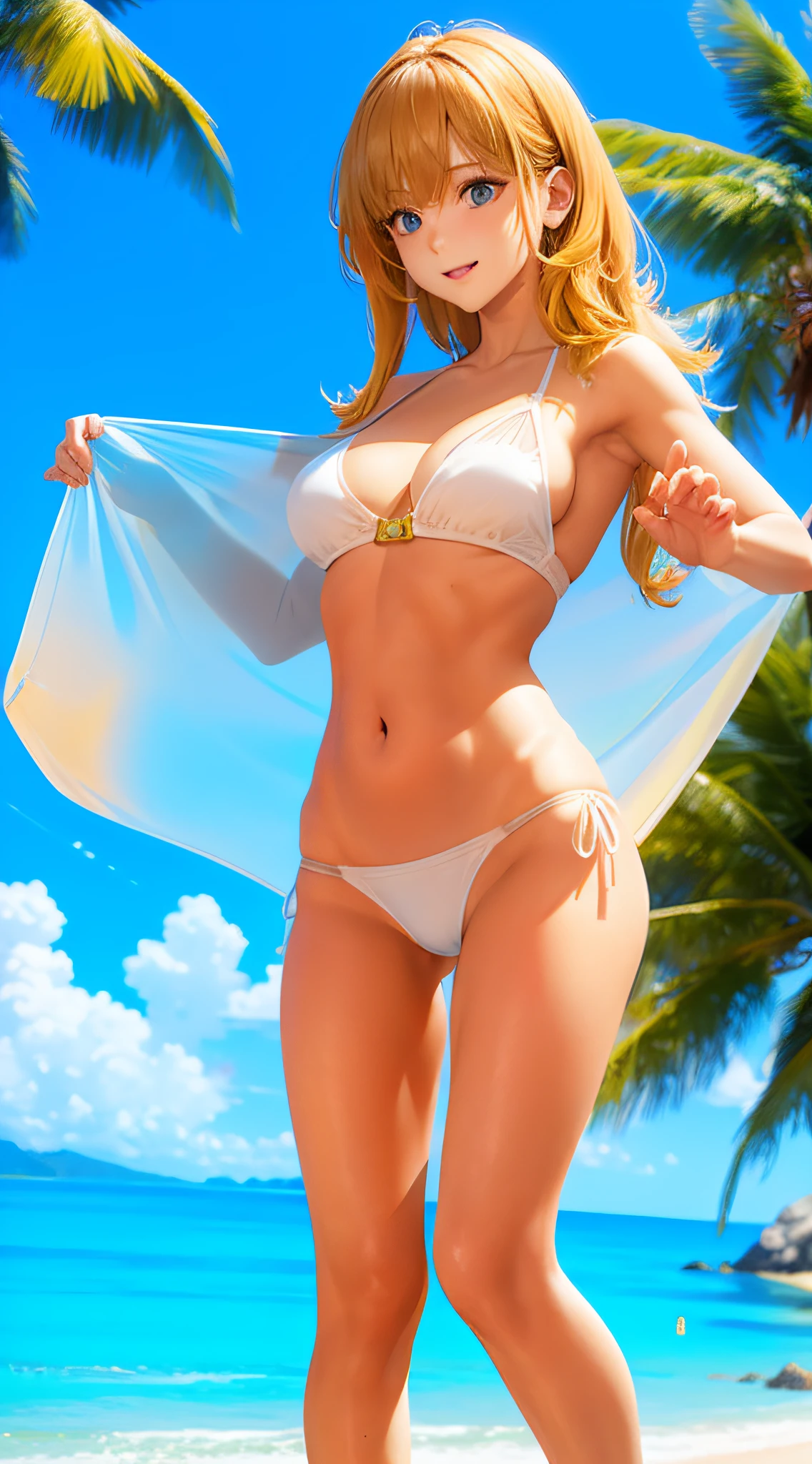Blue sky beach background(2:3),Golden hair,planes flew over,full-body portraits(2:3),delicated face,18-year-old girl,Slim figure,The chest is large,White transparent bikini,Looming,Panties to the crotch,