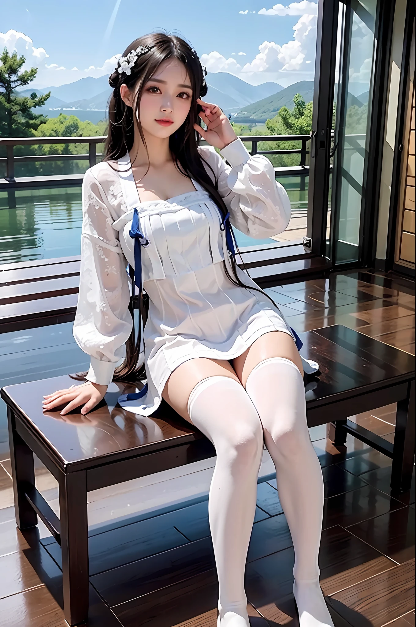Best quality ,Masterpiece, illustration, An extremely delicate and beautiful, Extremely detailed ,CG ,Unity ,8K wallpaper, Amazing, finedetail, Masterpiece,Best quality,offcial art,Extremely detailed Cg Unity 8K wallpaper,absurderes, unbelievable Ridiculous, hugefilesize , Ultra-detailed, A high resolution, Extremely detailed,Beautiful detailed girl, Extremely detailed eyes and face, Beautiful detailed eyes,light in face,(Hanfu:1.1),1girll, full bodyesbian,Full-body ,In a beautiful pavilion, A girl with black hair, white skirt and white knee-length stockings sat on a stone bench, Looking at the blue sky and white clouds. a gentle breeze ruffling her hair. The splash of water from the waterfall behind her wet her skirt. The sun was shining on her, She smiles,Wet
