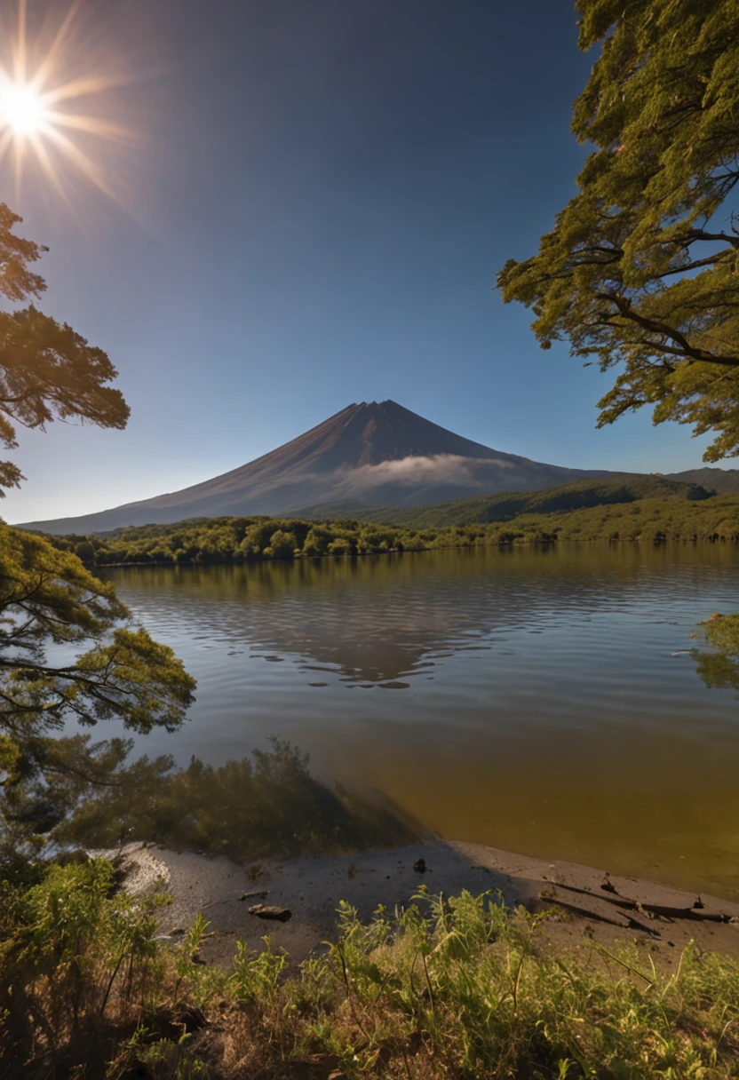 Foto original de Mt. Fuji, Fotos realistas requintadas e bonitas, detalhe, fotorrealista, foto ultra realista, 8K UHD, Digital SLR, the sun is shining, alta qualidade, filmgrain, Fujifilm XT3, (master part), Montanhas majestosas. Koyama, Reflection on the lake, Fuji Vermelho, red skies, nuvens fluindo, shining, reflection,