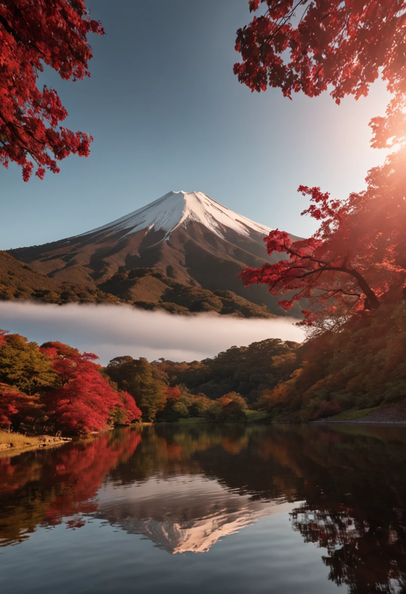 Foto original de Mt. Fuji, Fotos realistas requintadas e bonitas, detalhe, fotorrealista, foto ultra realista, 8K UHD, Digital SLR, the sun is shining, alta qualidade, filmgrain, Fujifilm XT3, (master part), Montanhas majestosas. Koyama, Reflection on the lake, Fuji Vermelho, red skies, nuvens fluindo, shining, reflection,