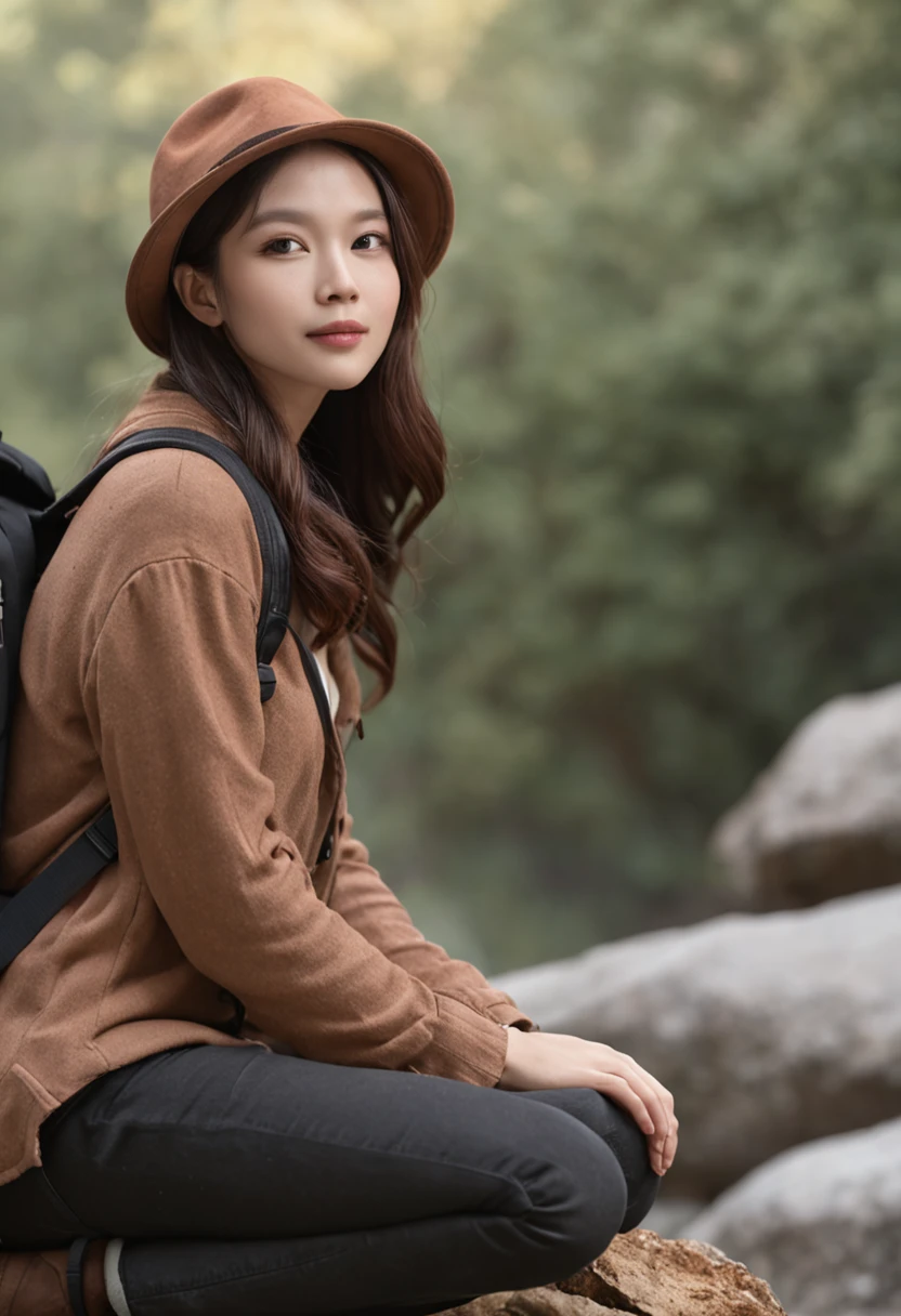 inki2 ((upper body selfie, happy)), masterpiece, best quality, ultra-detailed, ground, outdoor, (night), mountains, nature, (stars, moon) cheerful, happy, backpack, bag sleeping, camping stove, water bottle, mountain boots, gloves, sweater, hat, lantern, forest, stones, river, wood, smoke, shadows, contrast, clear sky, style, (warm hue, warm tone)
