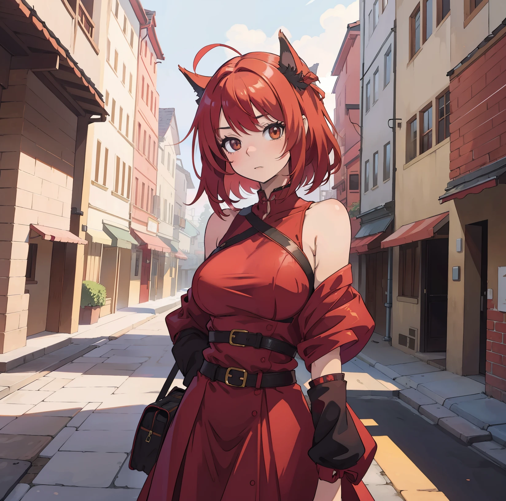 Anime girl, red hair, sexy, cute, large breasts, skinny, village, ribbons in hair, red fox ears