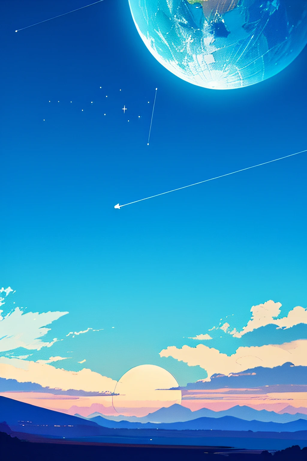 cola exists, planetarium, sky, fantasy, {{{giant Jupiter}}}, blue, {{{huge Jupiter}}},{{{masterpiece}}}, {{the best quality, super fine illustrations, beautiful and delicate water}}, {{very delicate light}}, starfall, clean sky, night sky, night, depth of field,{{{Two moons}}}, Giants, Megaphobia, {{extremely detailed CG unity 8k wallpaper}}, {ultra-detailed}, {extremely delicate and beautiful}
