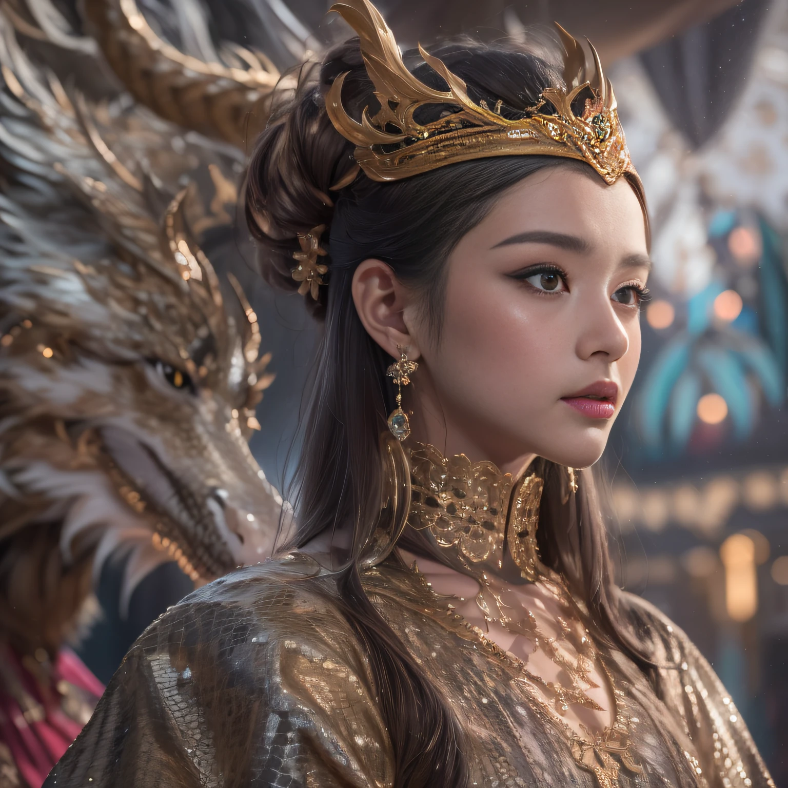 32k(tmasterpiece,k hd,hyper HD,32k)Long flowing black hair,Jewelry quarter in the back room,Brunette king girl ,Silver Dragon Protector (realisticlying:1.4),Python pattern robe,Purple-pink tiara,Snowflakes fluttering,The background is pure,Hold your head high,Be proud,The nostrils look at people, A high resolution, the detail, RAW photogr, Sharp Re, Nikon D850 Film Stock Photo by Jefferies Lee 4 Kodak Portra 400 Camera F1.6 shots, Rich colors, ultra-realistic vivid textures, Dramatic lighting, Unreal Engine Art Station Trend, cinestir 800,Hold your head high,Be proud,The nostrils look at people