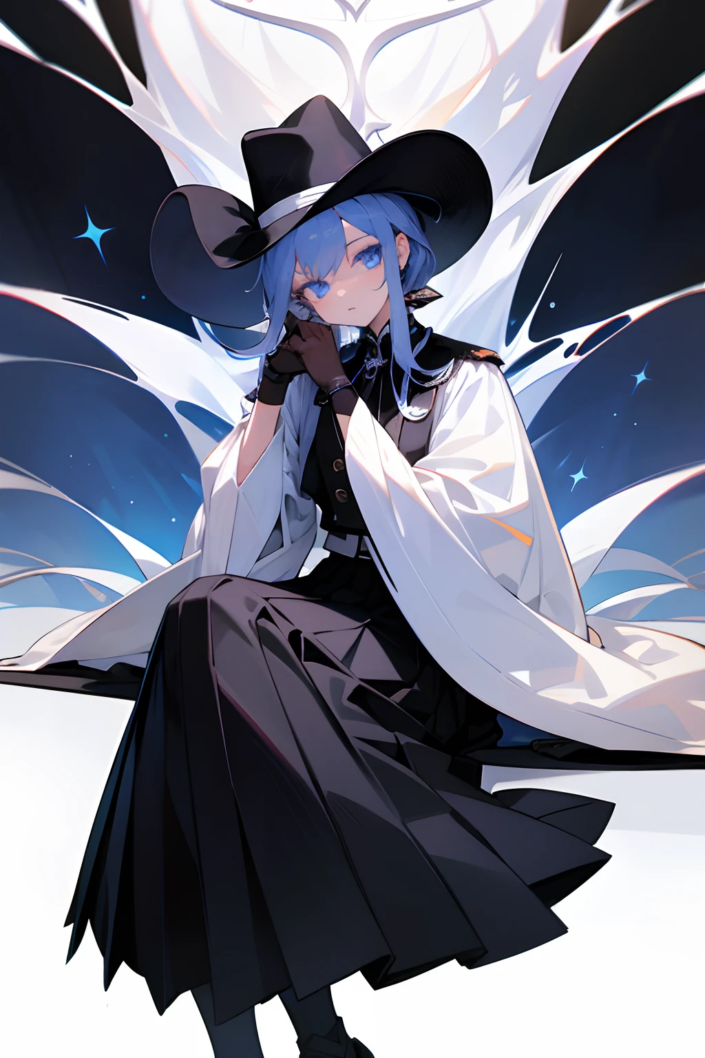 tmasterpiece, Best quality at best, A high resolution, eBlue eyes,Elegant girl,Clothing cutting, Tall girl,White collar,longer sleeves,long skirt, The shirt, black glove, Black pleated skirt, cowboy photo,Sit Pose, outside