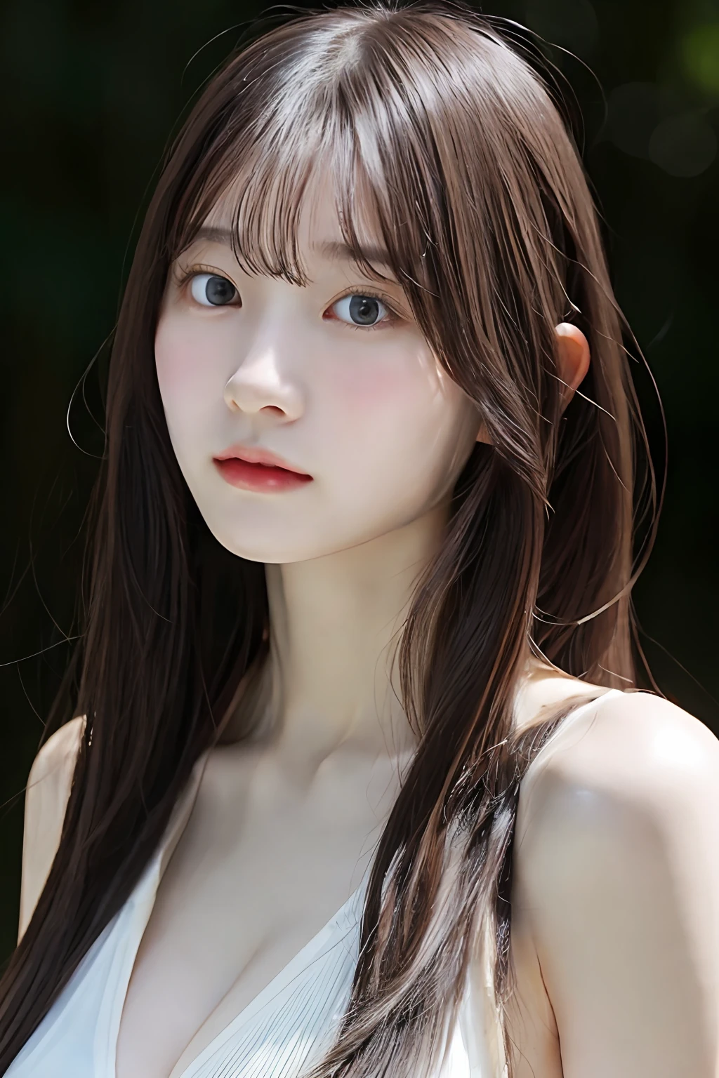One girl, 独奏, shinny skin, breastsout, ighly detailed, ultra-detailliert, 超A high resolution, full body Esbian, (Photorealsitic:1.4), (top-quality), (Best Shadows), ulzzang-6500, detaileds, Perfect litthing, A dark-haired、The long-haired、（Colossal tits：1.3）、Layered Hair Style、8K、stares at the camera
